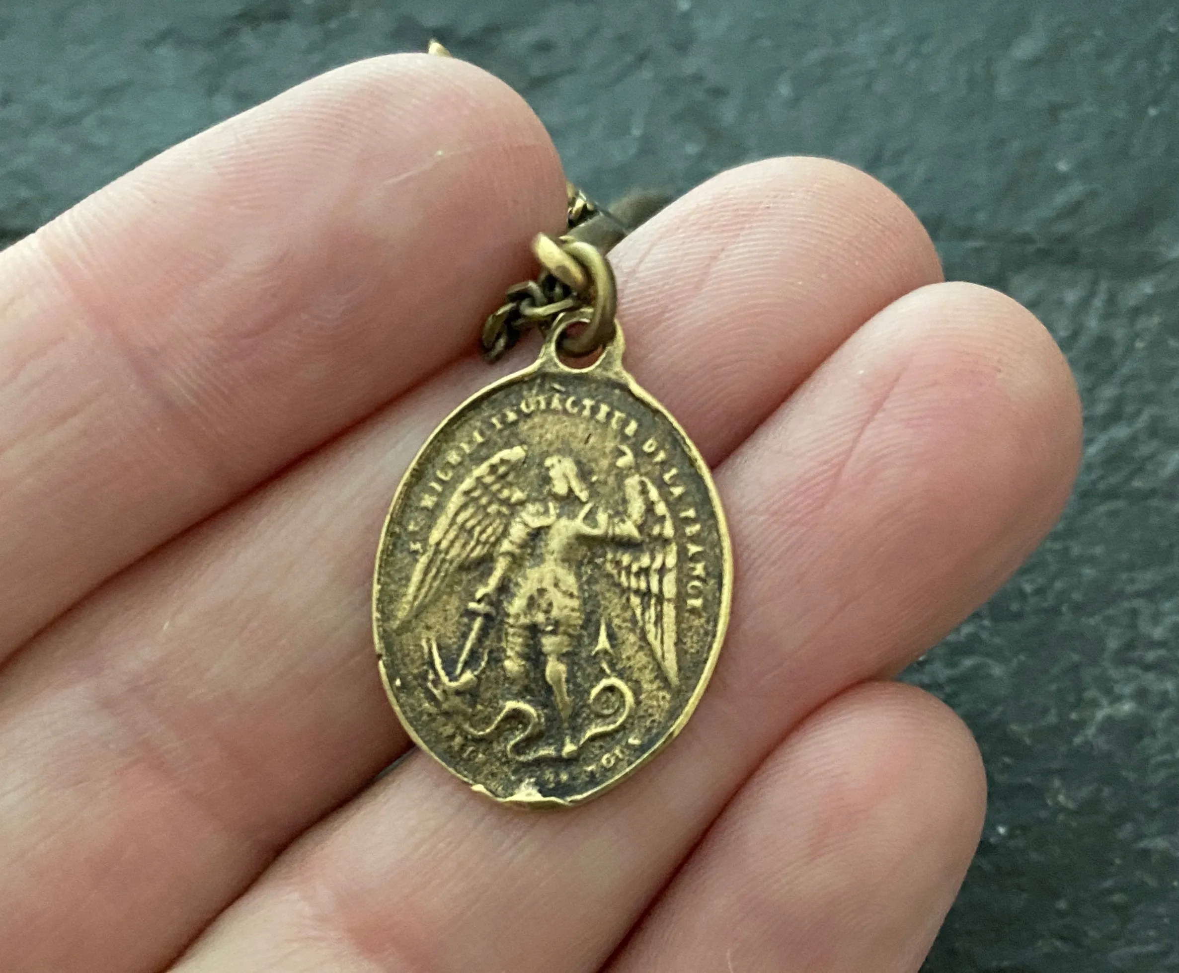 Men's Antiqued Brass Dual Pendant Necklace with Rope Tied Cross and Archangel St. Michael Medal, Unisex Necklace, BR-036, Johnny Ltd sold by Vintage Gentlemen product image thumbnail 5