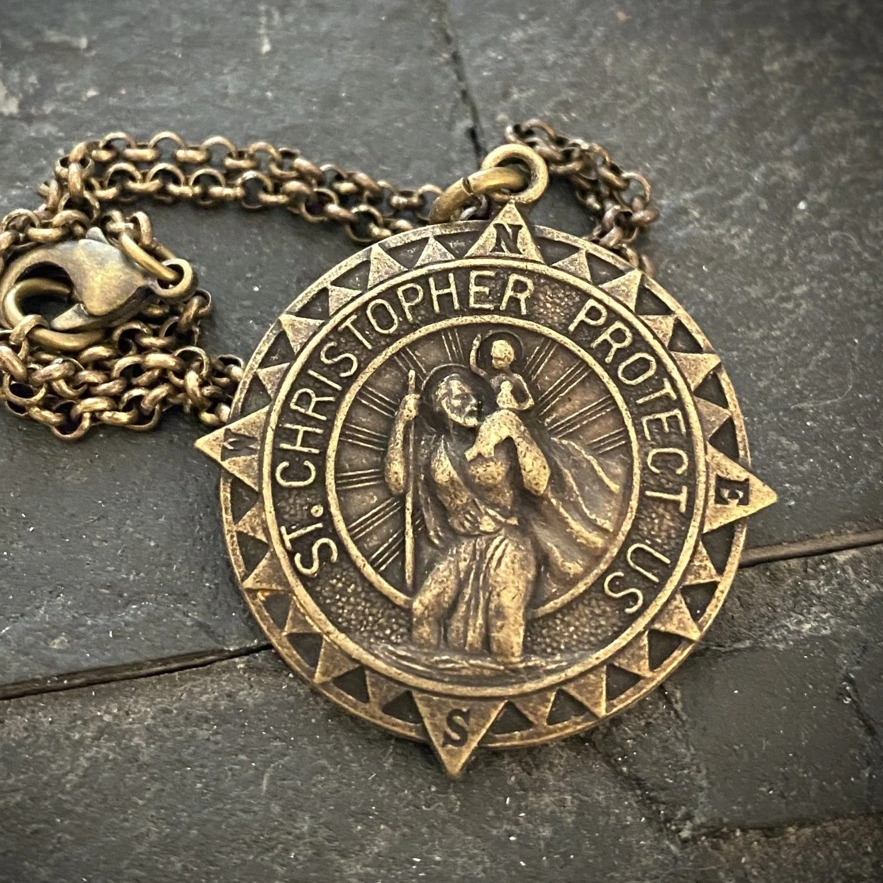 Men's Antiqued Brass Necklace with Large St. Christopher Medal, Unisex Jewelry, Chain length 20 or 24 inches BR-047 sold by Vintage Gentlemen