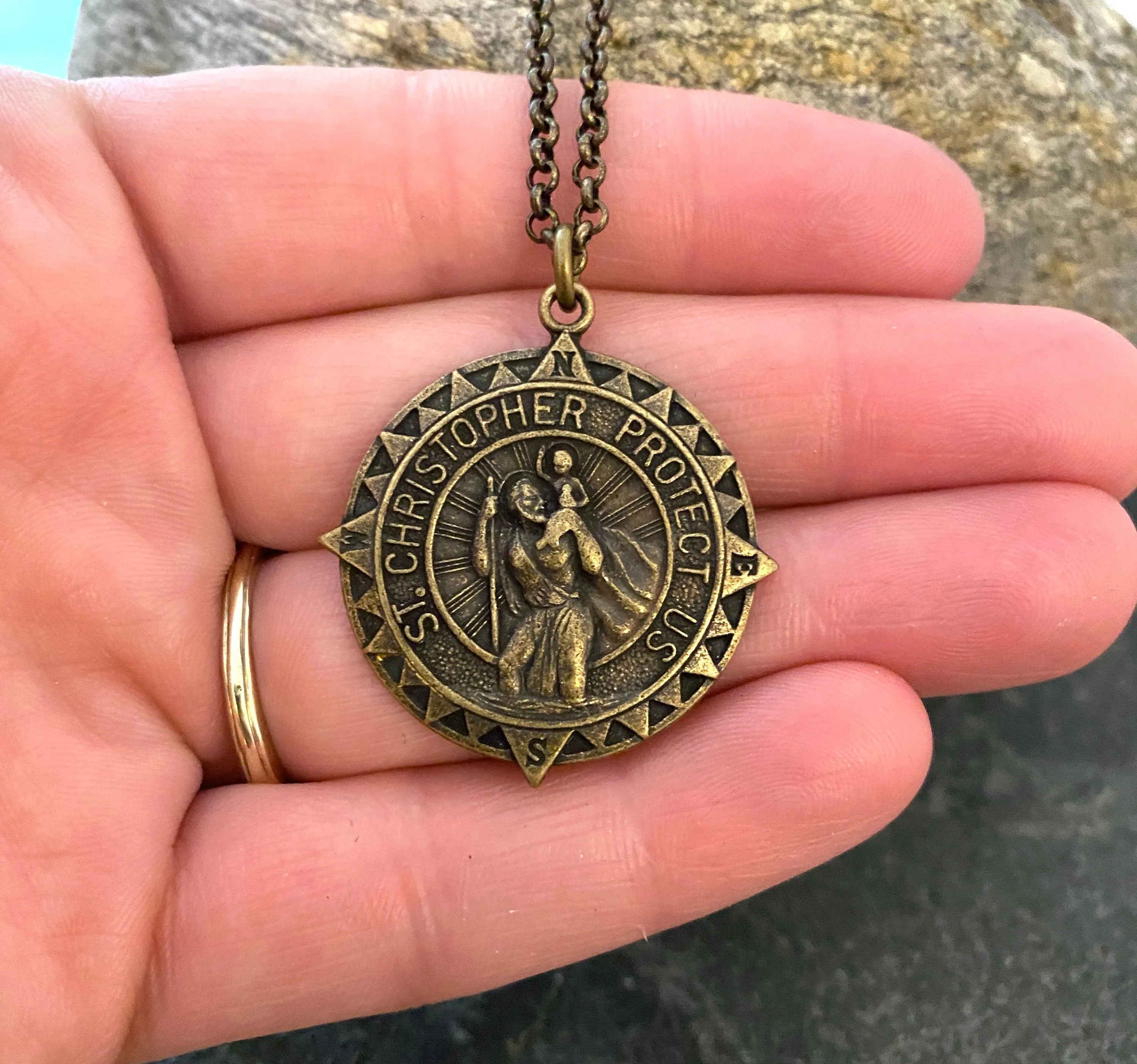 Men's Antiqued Brass Necklace with Large St. Christopher Medal, Unisex Jewelry, Chain length 20 or 24 inches BR-047 sold by Vintage Gentlemen product image thumbnail 2