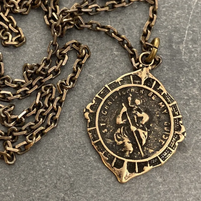St. Christopher Antiqued Brass Men's Necklace, Johnny LTD featuring a Vintage Catholic Medal, Unisex Necklace, BR-023 sold by Vintage Gentlemen