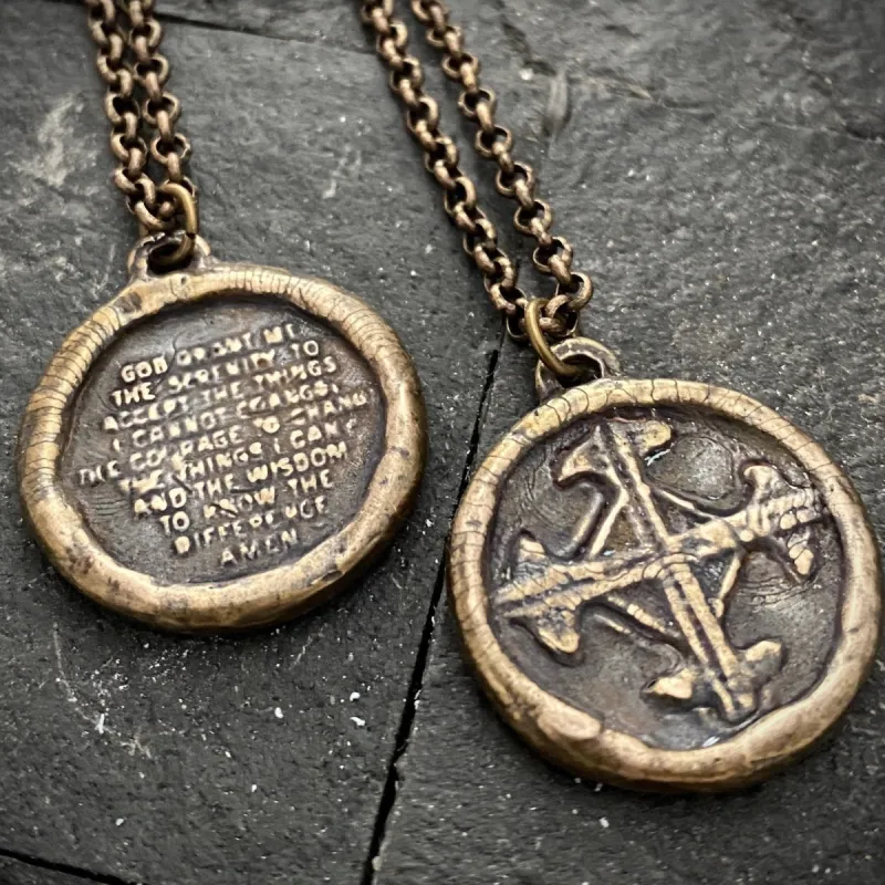 Serenity Prayer Necklace, Men's Soldered Bronze Pendant with Cross, Unisex Jewelry Gift, Faith, BR-043 sold by Vintage Gentlemen