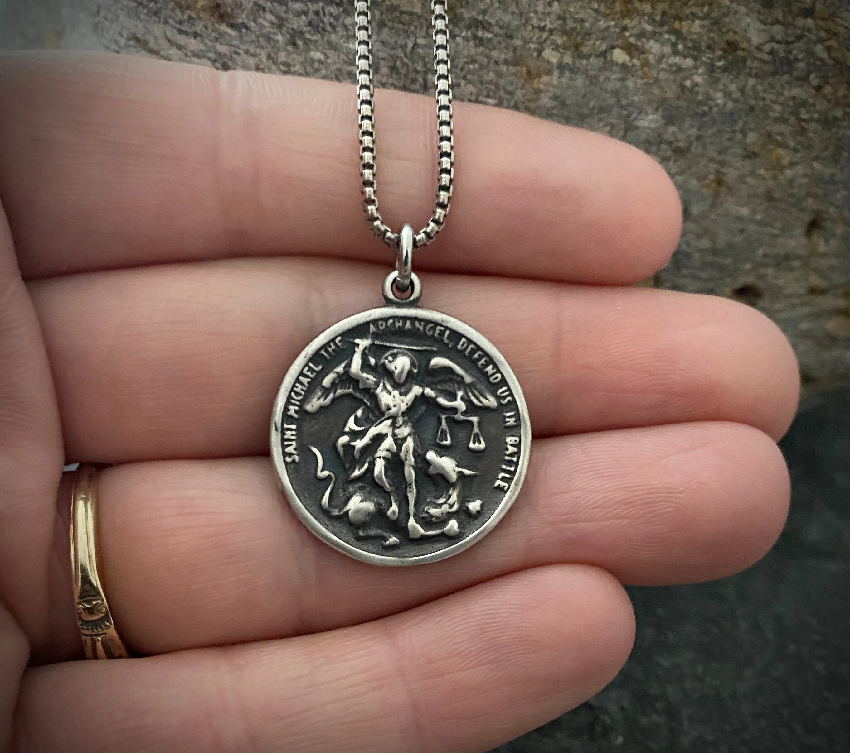 Men's Sterling Silver Archangel St. Michael Necklace, Oxidized Silver Unisex Jewelry, 20 or 24 Inch Chain, SS-014 sold by Vintage Gentlemen product image thumbnail 2