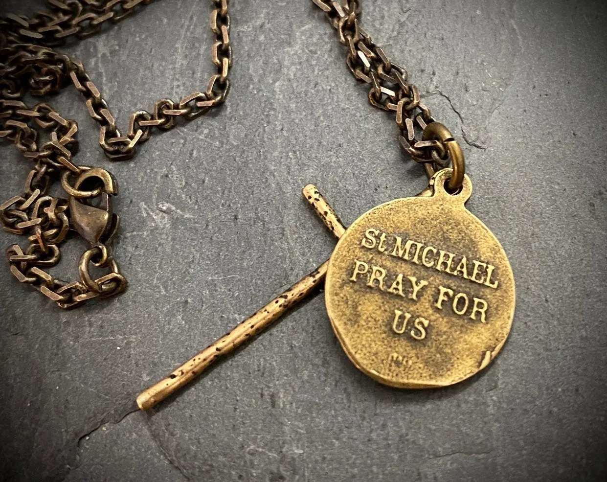 Men's Necklace, Archangel St. Michael Vintage Style Catholic Medal with Cross, Antiqued Brass Unisex Jewelry, 20 or 24 Inch Chain, BR-034 sold by Vintage Gentlemen product image thumbnail 3