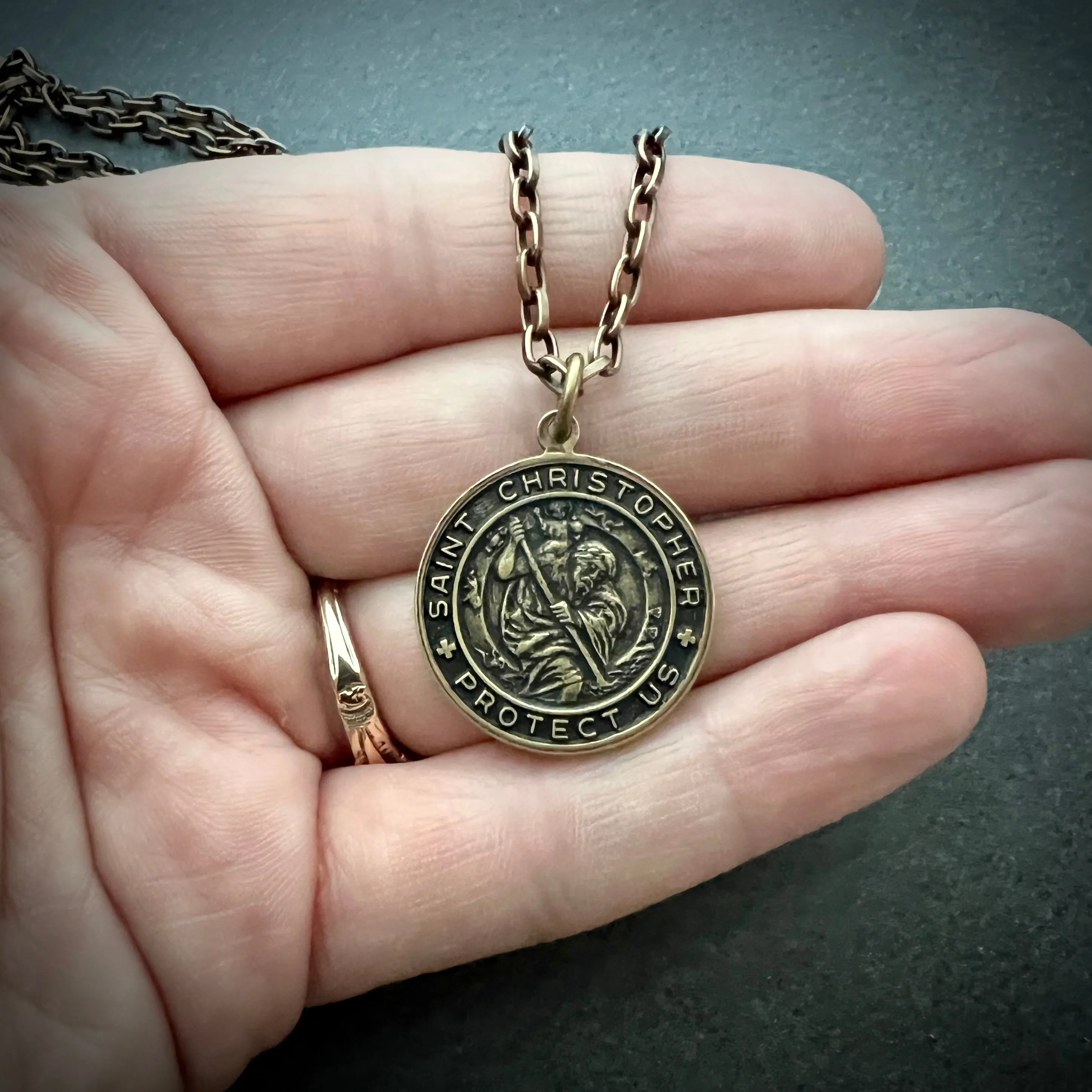 Men's Necklace St. Christopher, Patron of Travelers, Protect Us Talisman, Unisex Jewelry, Vintage Catholic Brass Medal, BR-011 sold by Vintage Gentlemen product image thumbnail 4