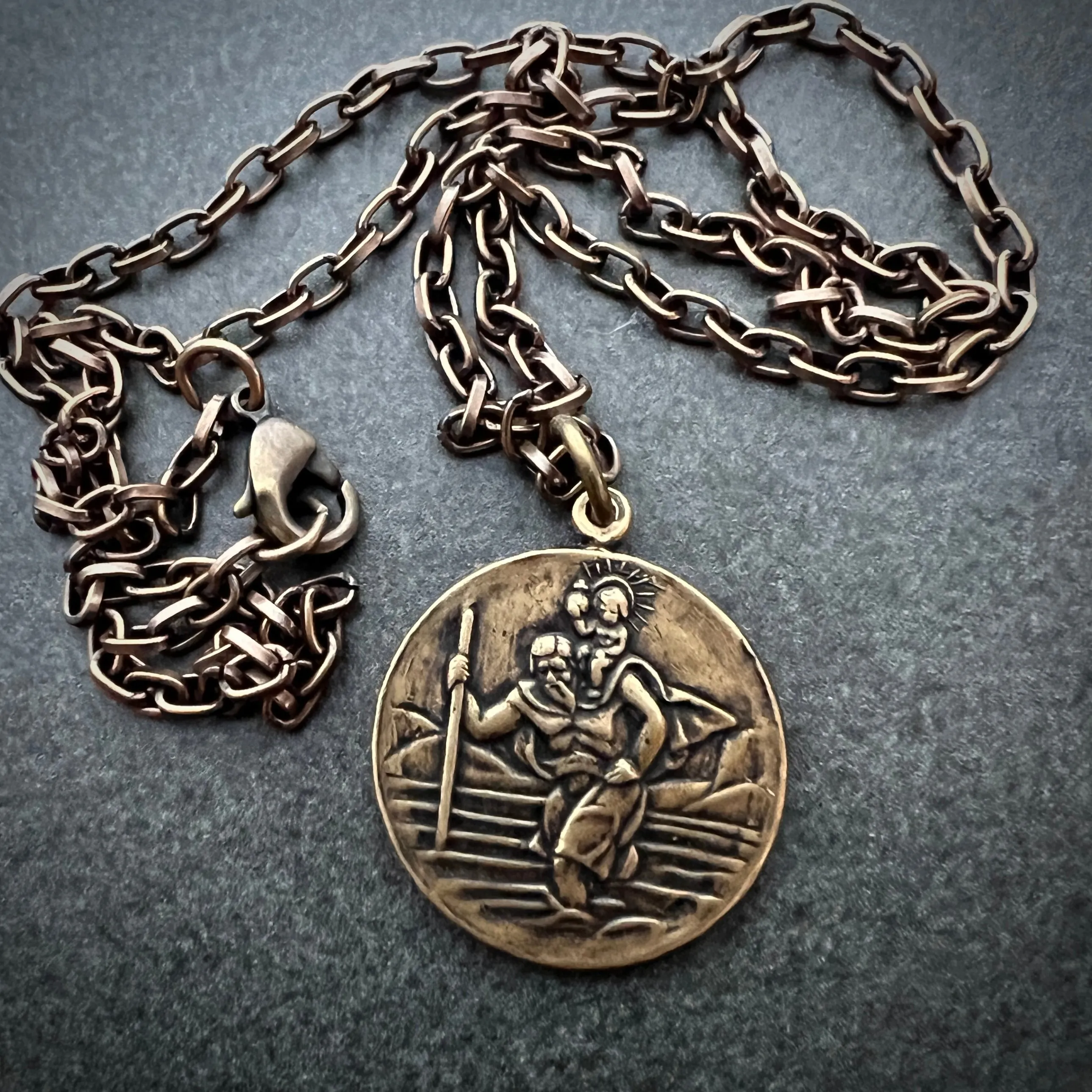 Men's Necklace St. Christopher, Patron of Travelers, Protect Us Talisman, Unisex Jewelry, Vintage Catholic Brass Medal, BR-011 sold by Vintage Gentlemen product image thumbnail 3