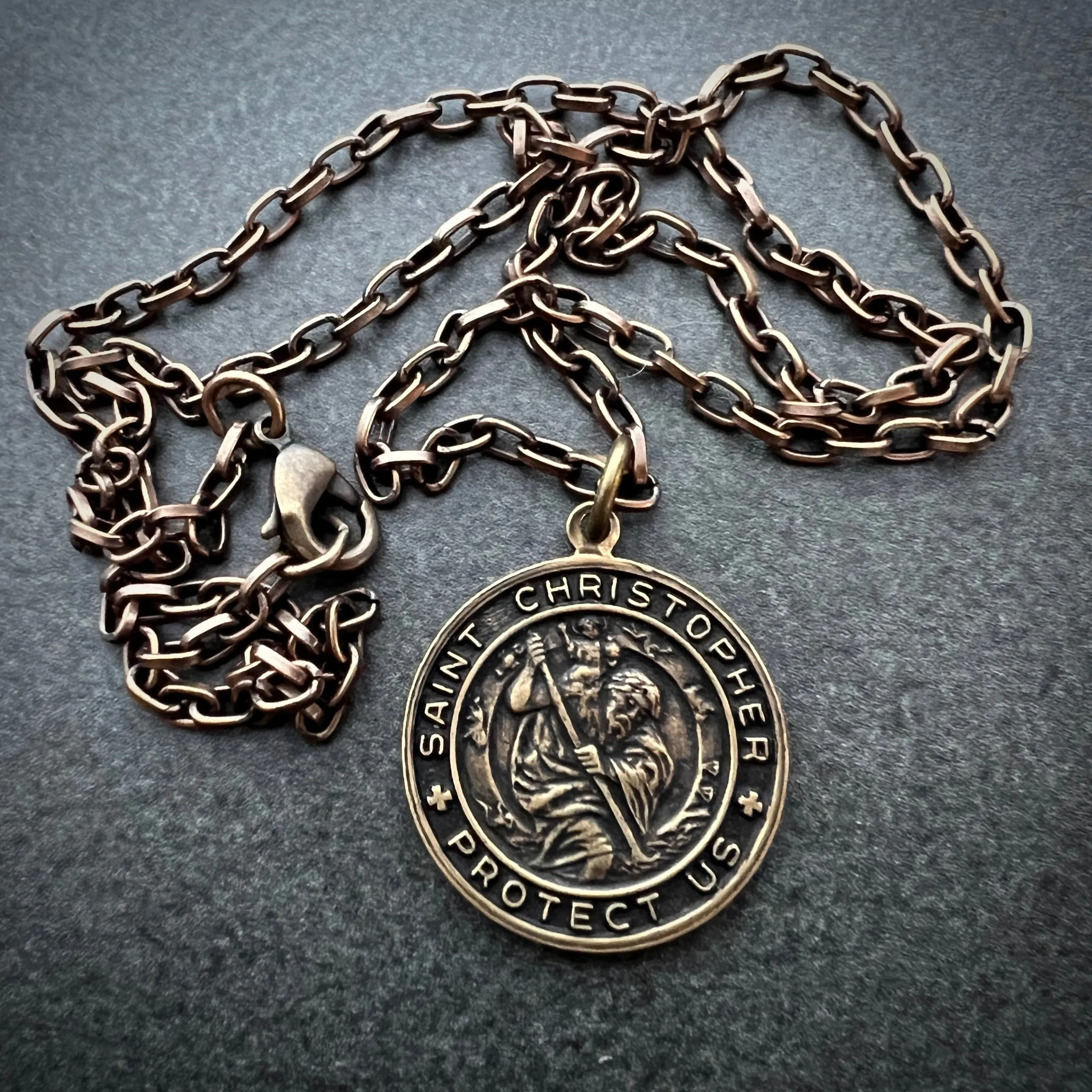 Men's Necklace St. Christopher, Patron of Travelers, Protect Us Talisman, Unisex Jewelry, Vintage Catholic Brass Medal, BR-011 sold by Vintage Gentlemen