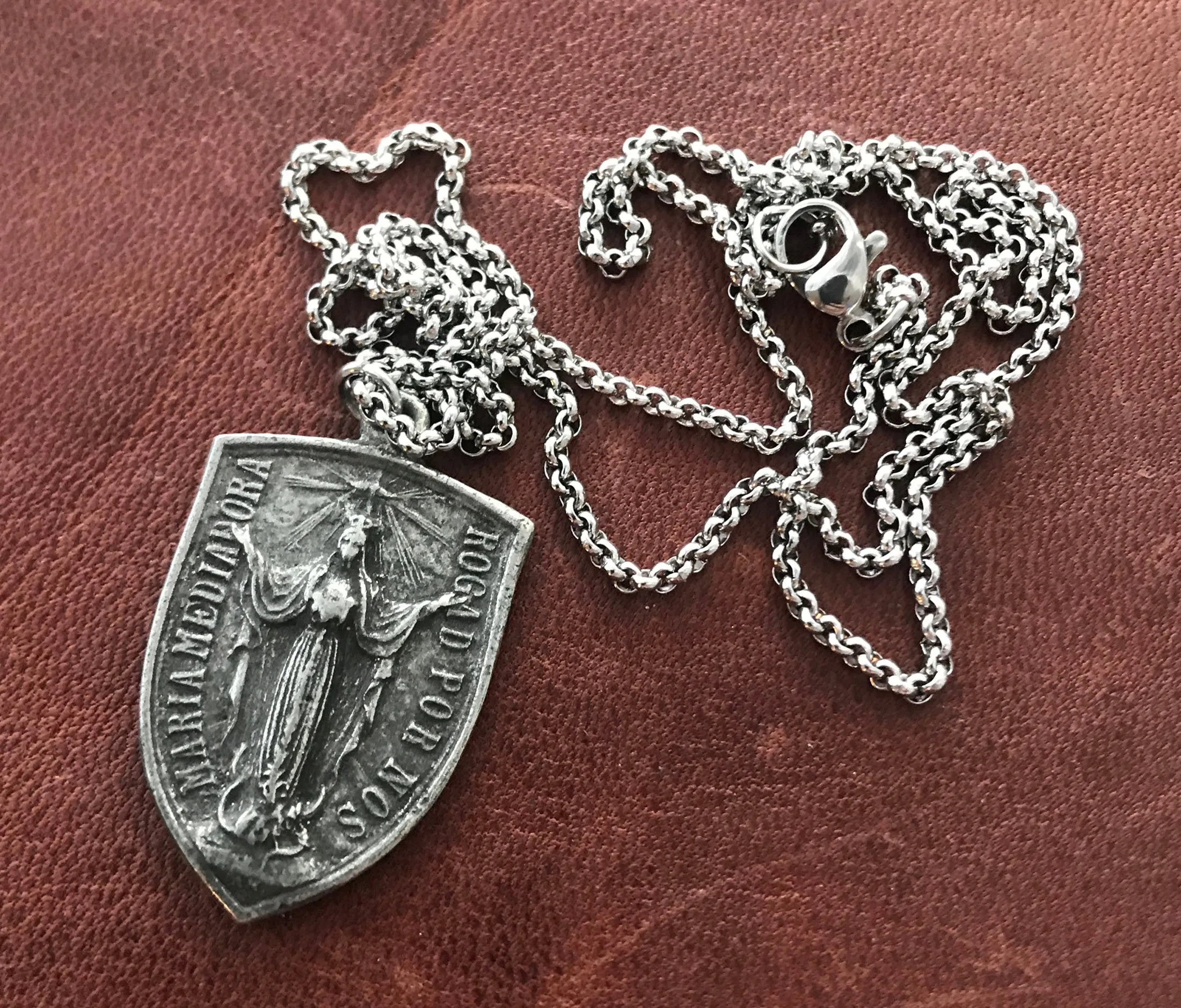 Men's Necklace featuring a Crucifix Shield and Blessed Mother Mary, Unisex Necklace, Catholic Pendant 20 or 24 inch Chain, ST-023 sold by Vintage Gentlemen product image thumbnail 4
