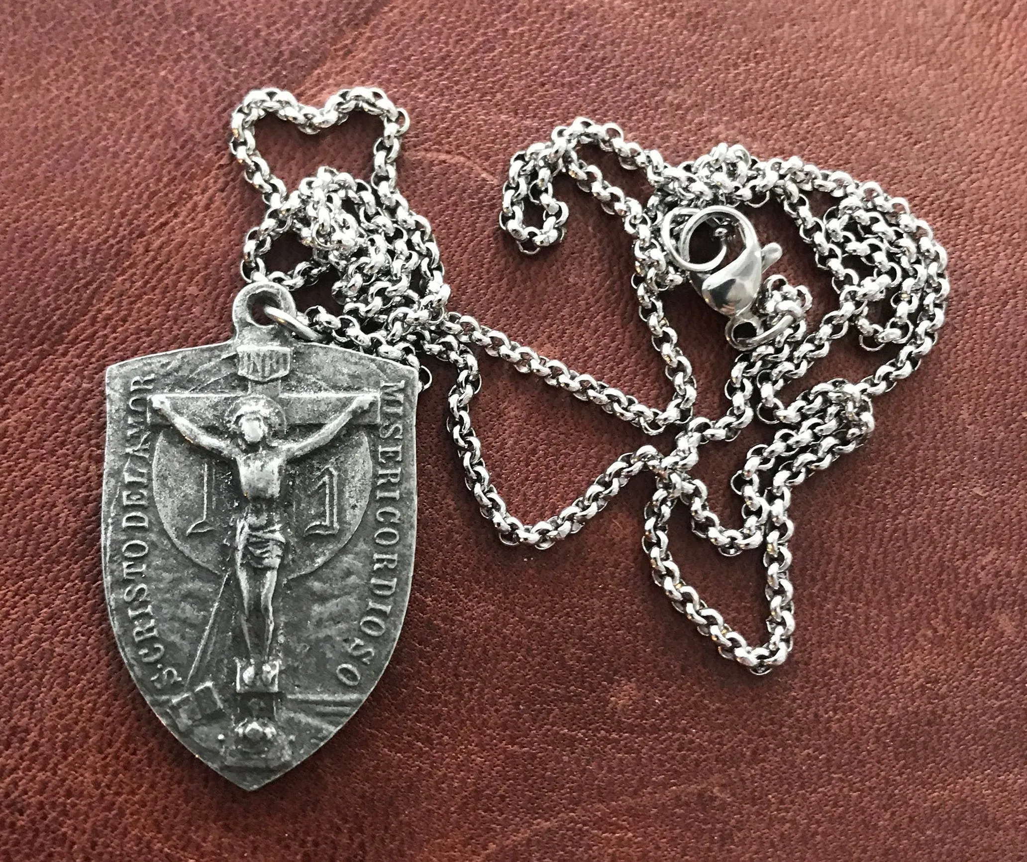 Men's Necklace featuring a Crucifix Shield and Blessed Mother Mary, Unisex Necklace, Catholic Pendant 20 or 24 inch Chain, ST-023 sold by Vintage Gentlemen product image thumbnail 2