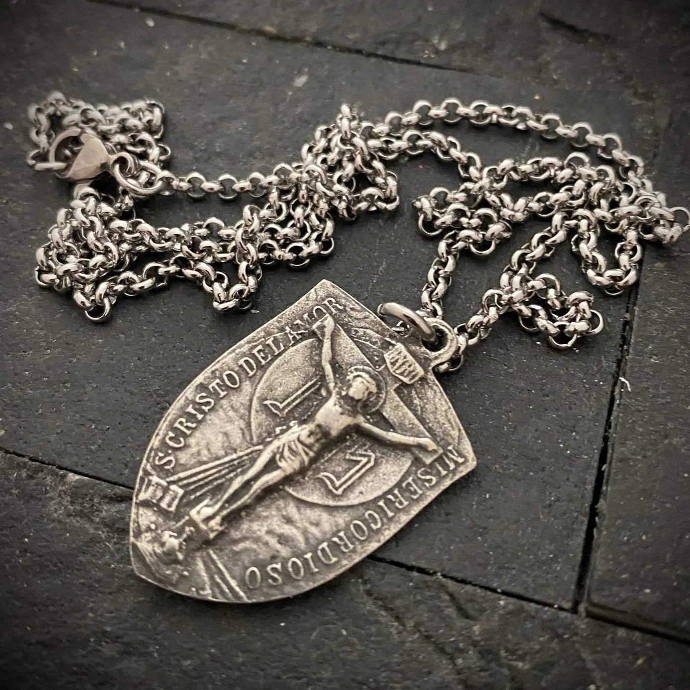Men's Necklace featuring a Crucifix Shield and Blessed Mother Mary, Unisex Necklace, Catholic Pendant 20 or 24 inch Chain, ST-023 sold by Vintage Gentlemen