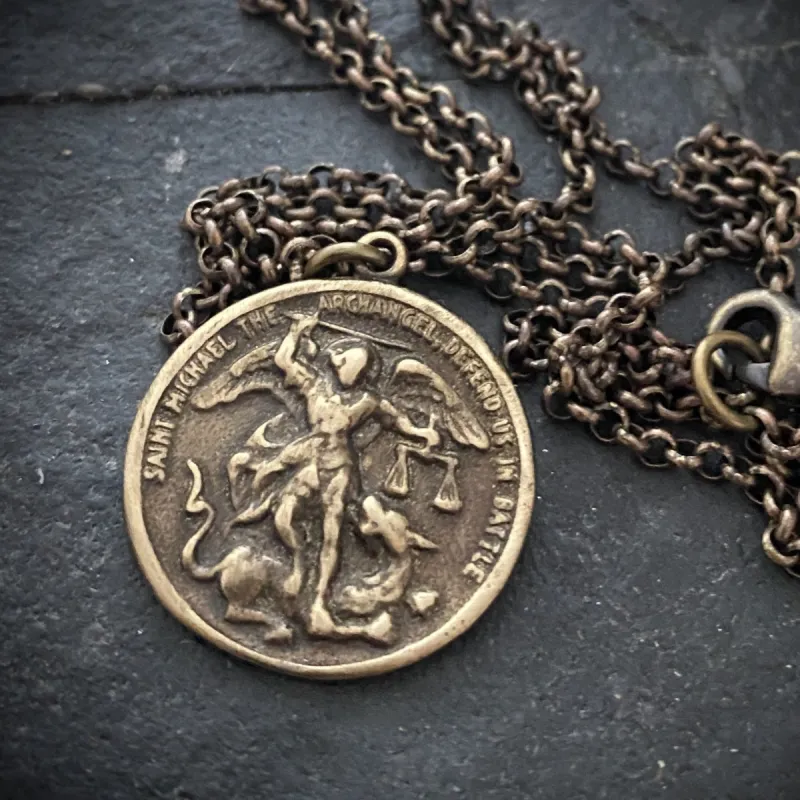 Men's Archangel St. Michael, Antiqued Brass and Bronze Unisex Jewelry, 20 or 24 Inch Rolo Chain, BR-039 sold by Vintage Gentlemen