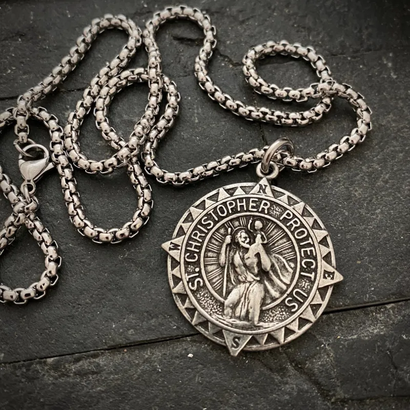 Men's Necklace with Large Silver Pewter St. Christopher Compass Medal, Unisex Jewelry, Stainless Steel ST-038 sold by Vintage Gentlemen