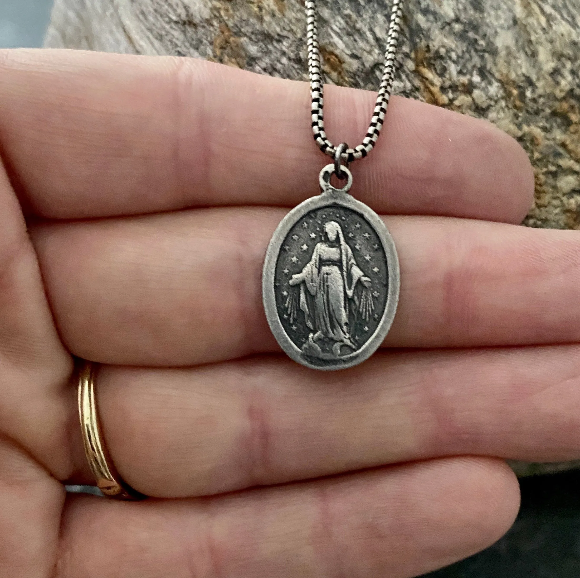 Mary Medal Sterling Silver Men's Necklace, Unisex Jewelry, Catholic Religious Gift, SS-007 sold by Vintage Gentlemen product image thumbnail 2