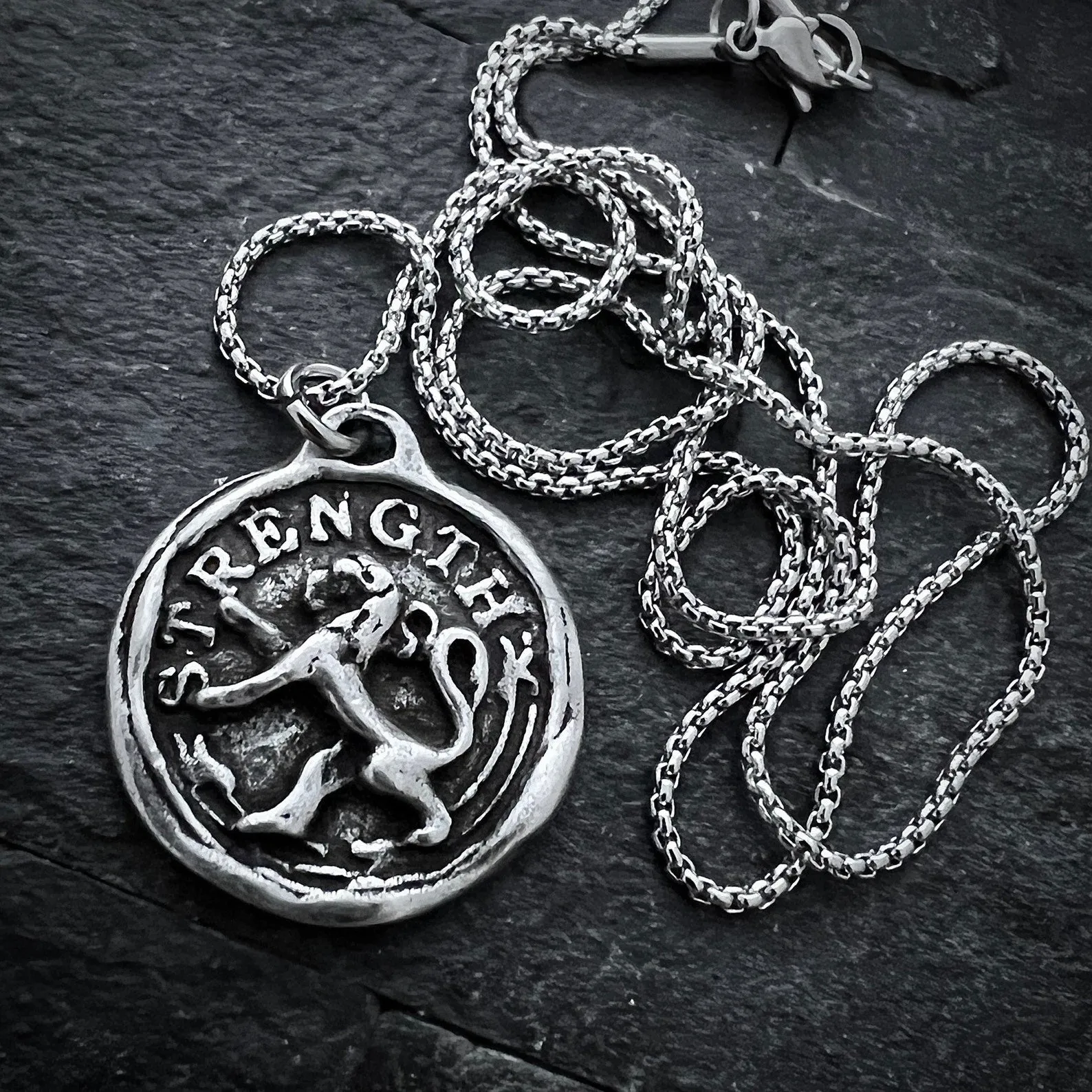 Men's Lion, Strength Wax Seal Necklace, Antiqued Pewter and Stainless Steel Unisex Jewelry, Chain length 20 or 24 inches ST-042 sold by Vintage Gentlemen