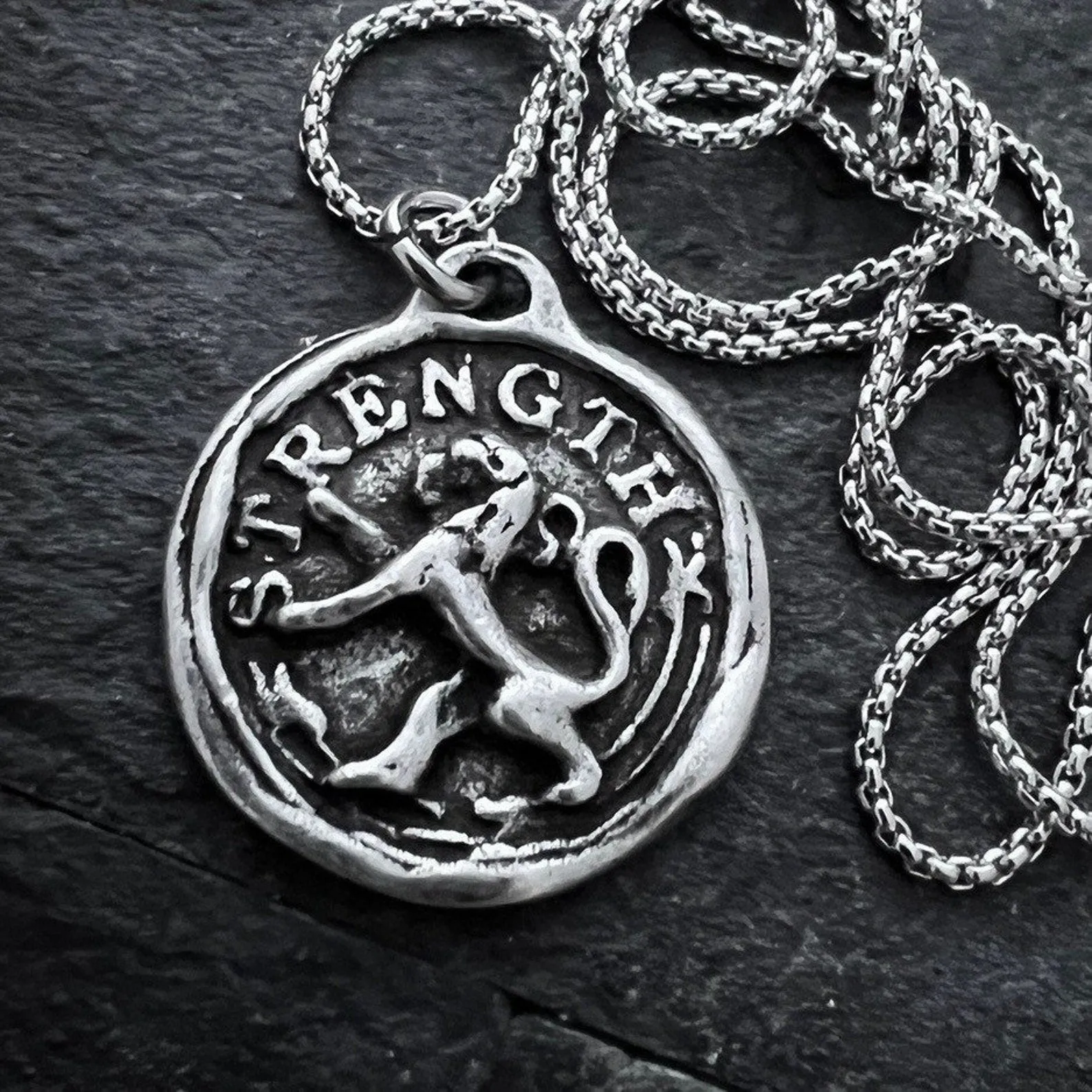 Men's Lion, Strength Wax Seal Necklace, Antiqued Pewter and Stainless Steel Unisex Jewelry, Chain length 20 or 24 inches ST-042 sold by Vintage Gentlemen product image thumbnail 3