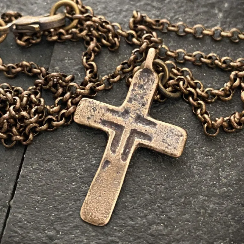 Brass Men's Necklace with Bronze Cross made from Ancient Medieval Mold sold by Vintage Gentlemen
