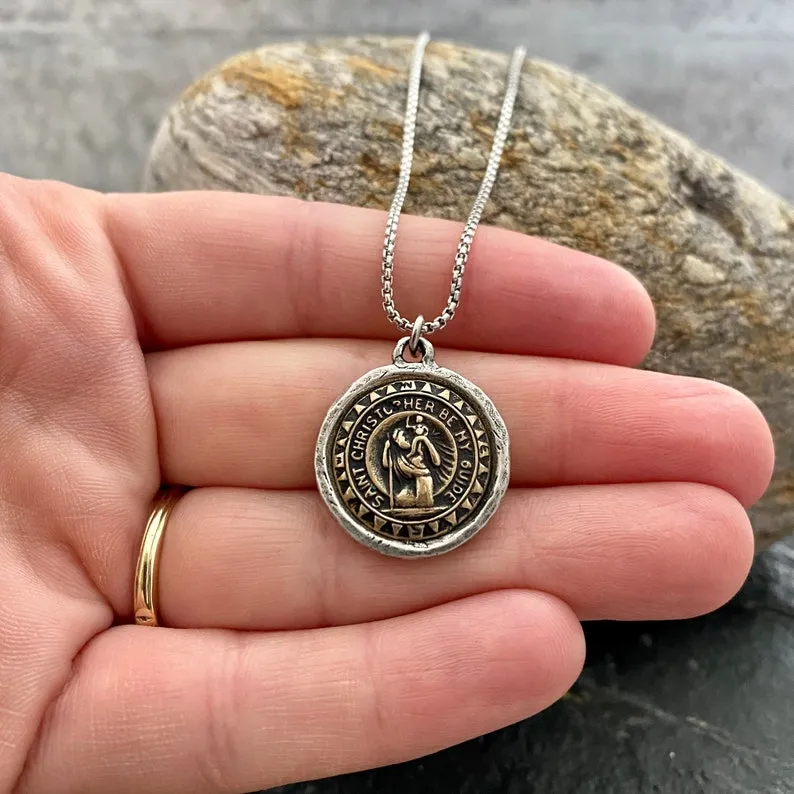 St. Christopher Men's Necklace, Two Tone Mixed Medal, Bronze, Unisex Jewelry, ST-040 sold by Vintage Gentlemen product image thumbnail 3