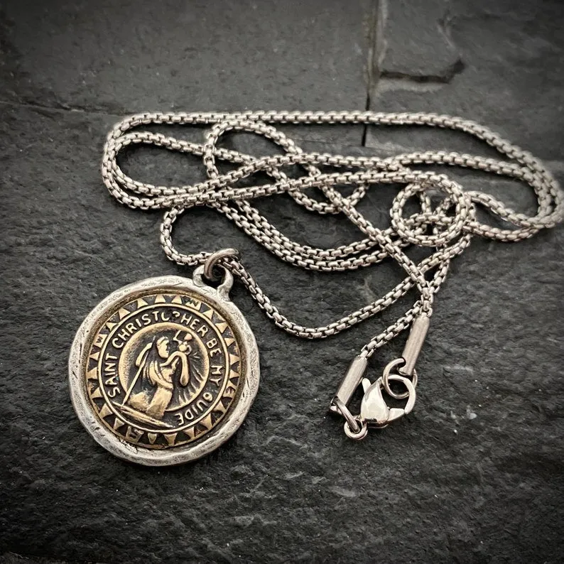 St. Christopher Men's Necklace, Two Tone Mixed Medal, Bronze, Unisex Jewelry, ST-040 sold by Vintage Gentlemen product image thumbnail 2