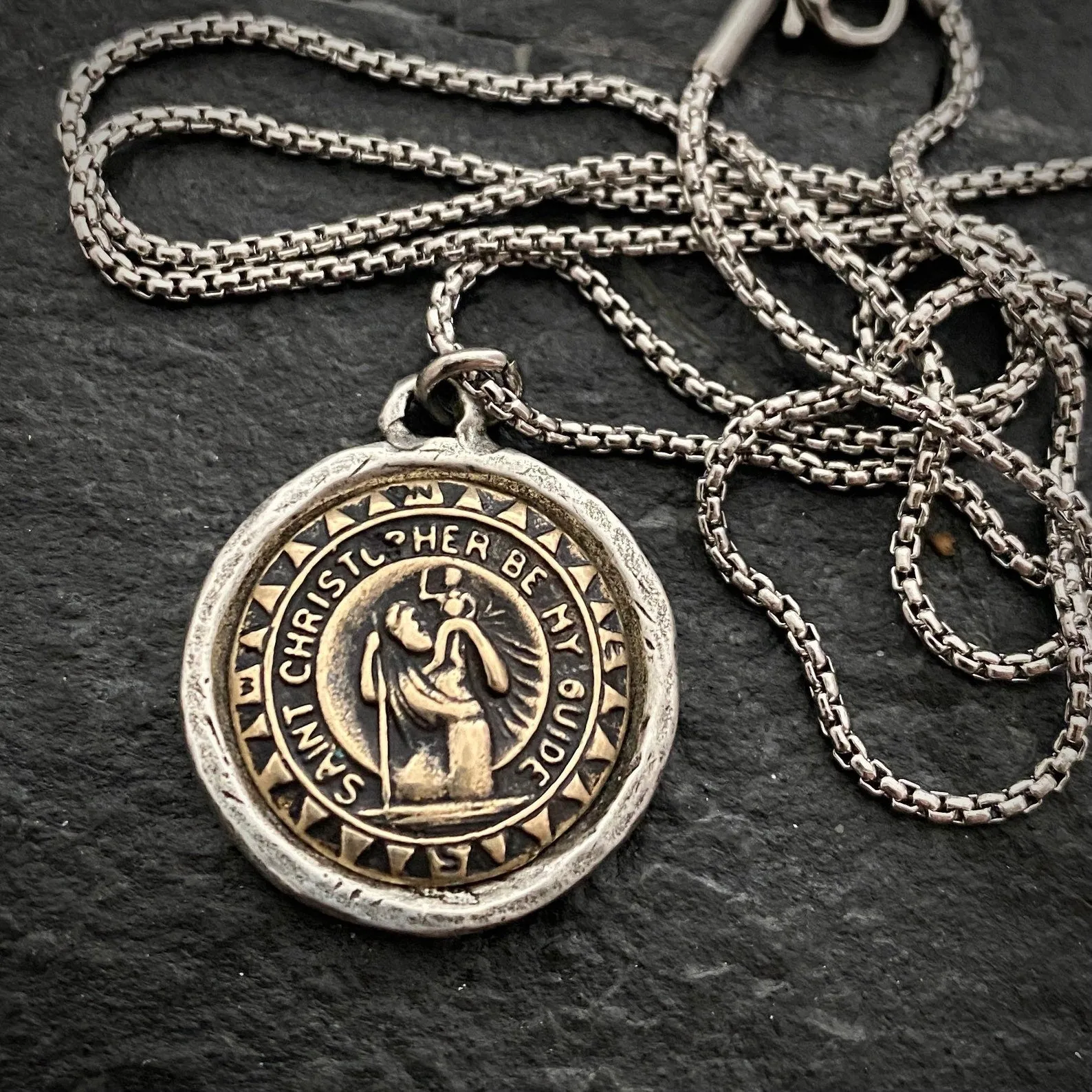 St. Christopher Men's Necklace, Two Tone Mixed Medal, Bronze, Unisex Jewelry, ST-040 sold by Vintage Gentlemen