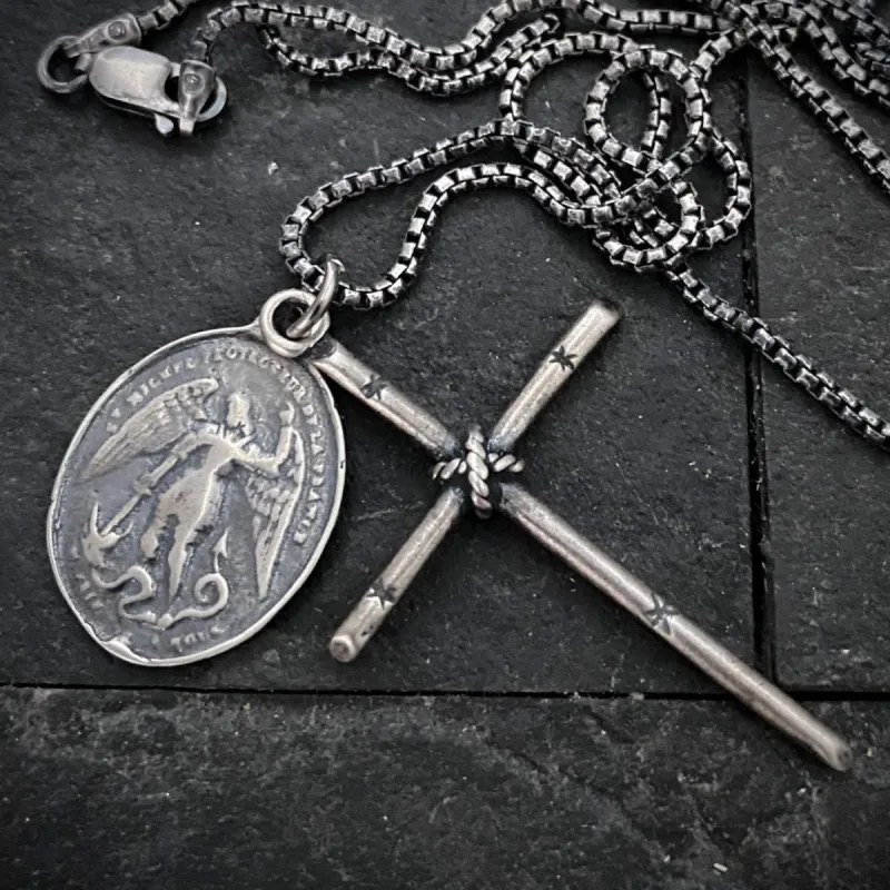 Men's Sterling Silver Dual Pendant Necklace with Johnny LTD Rope Tied Cross and Archangel St. Michael Medal, Unisex Necklace, SS-010 sold by Vintage Gentlemen