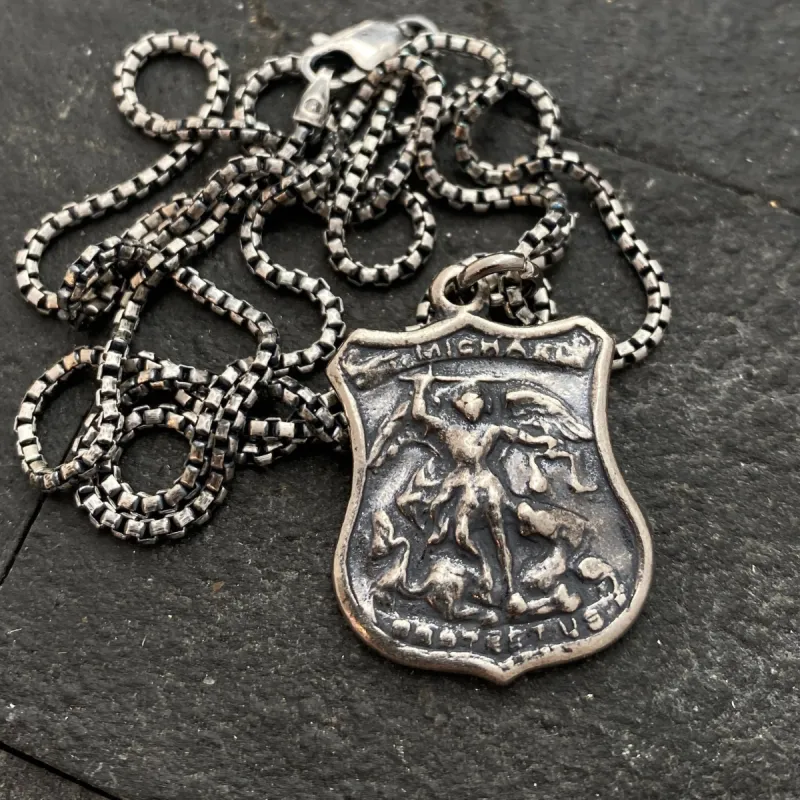 Men's Sterling Silver Archangel St. Michael Shield Necklace, Oxidized Silver Unisex Jewelry, 20 or 24 Inch Chain, SS-016 sold by Vintage Gentlemen