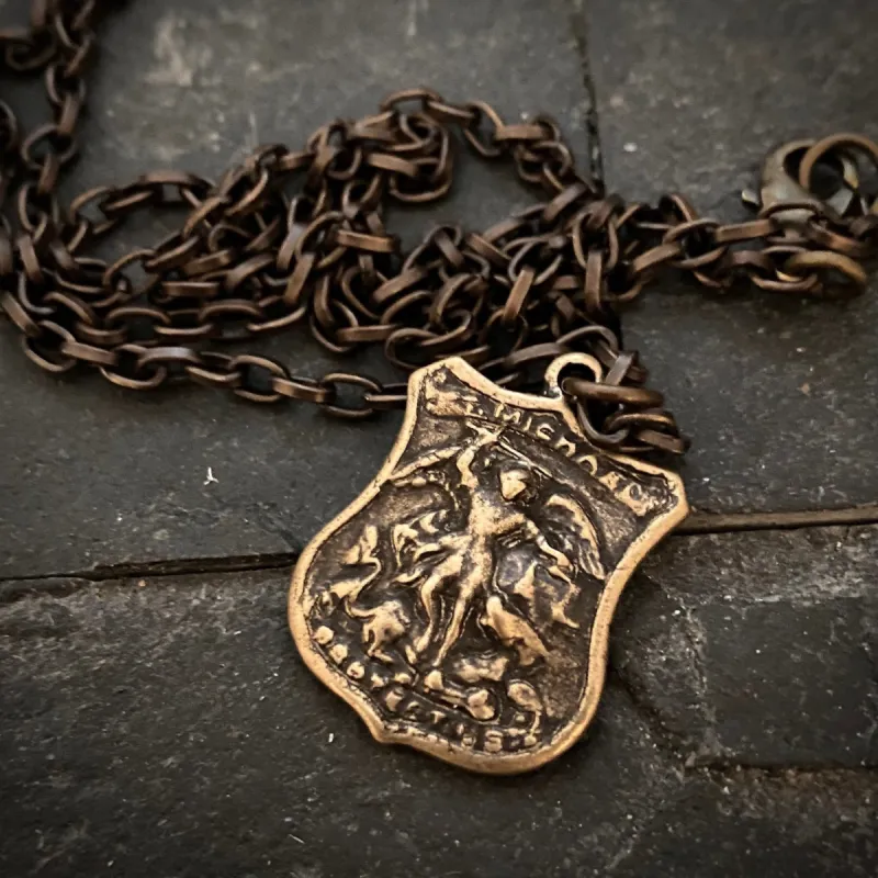 Men's Bronze Archangel St. Michael Shield Necklace, Antiqued Brass Chain, Unisex Jewelry, 20 or 24 Inch Chain, BR-055 sold by Vintage Gentlemen