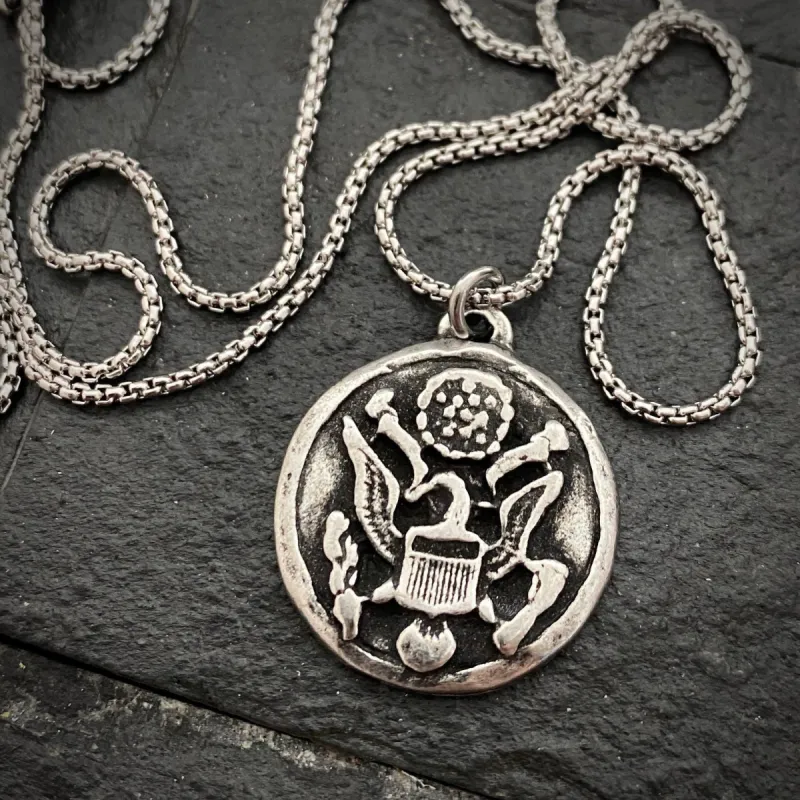 Men's Eagle Necklace, Silver Pewter Jewelry cast from Antique Military Button, Great American Seal, 20 or 24 Inch Rolo Chain, ST-039 sold by Vintage Gentlemen