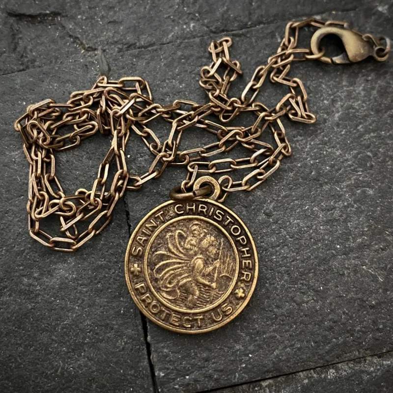Men's Necklace St. Christopher - Protection, Unisex Necklace, 20 or 24 inch Antiqued Brass necklace BR-014 sold by Vintage Gentlemen