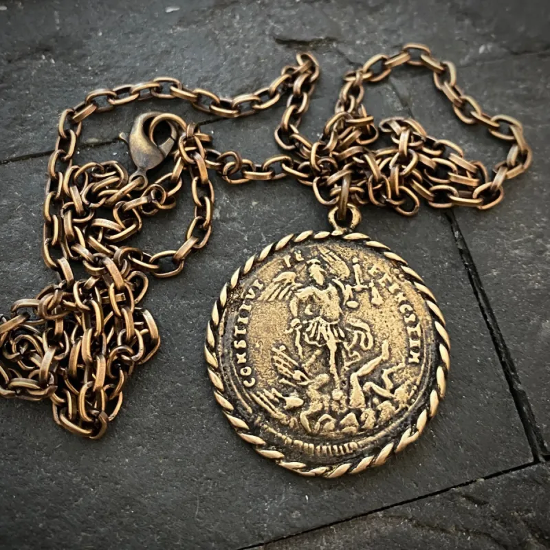 Men's Archangel St. Michael, Antiqued Brass and Bronze Unisex Jewelry, 20 or 24 Inch Rolo Chain, BR-057 sold by Vintage Gentlemen