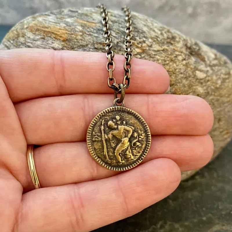 Men's Antiqued Brass Necklace with Round St. Christopher Medal, Unisex Jewelry, Chain length 20 or 24 inches BR-056 sold by Vintage Gentlemen