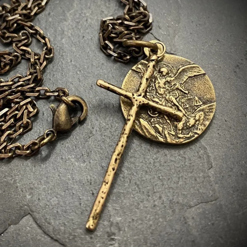 Men's Necklace, Archangel St. Michael Vintage Style Catholic Medal with Cross, Antiqued Brass Unisex Jewelry, 20 or 24 Inch Chain, BR-034 sold by Vintage Gentlemen