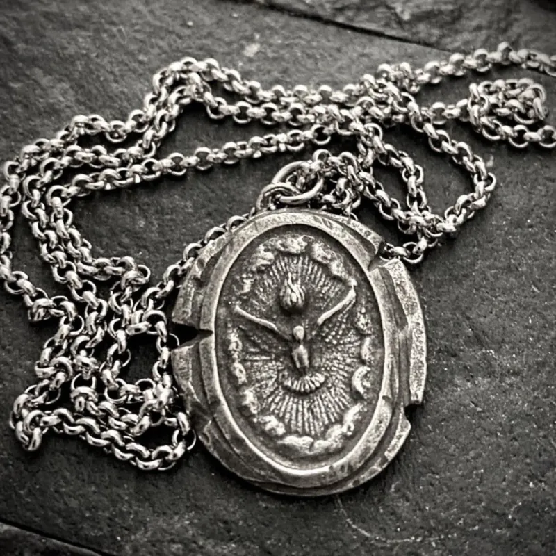 Men's Necklace with Dove Holy Spirit Wax Seal Medal, Unisex necklace, Catholic Jewelry, ` sold by Vintage Gentlemen