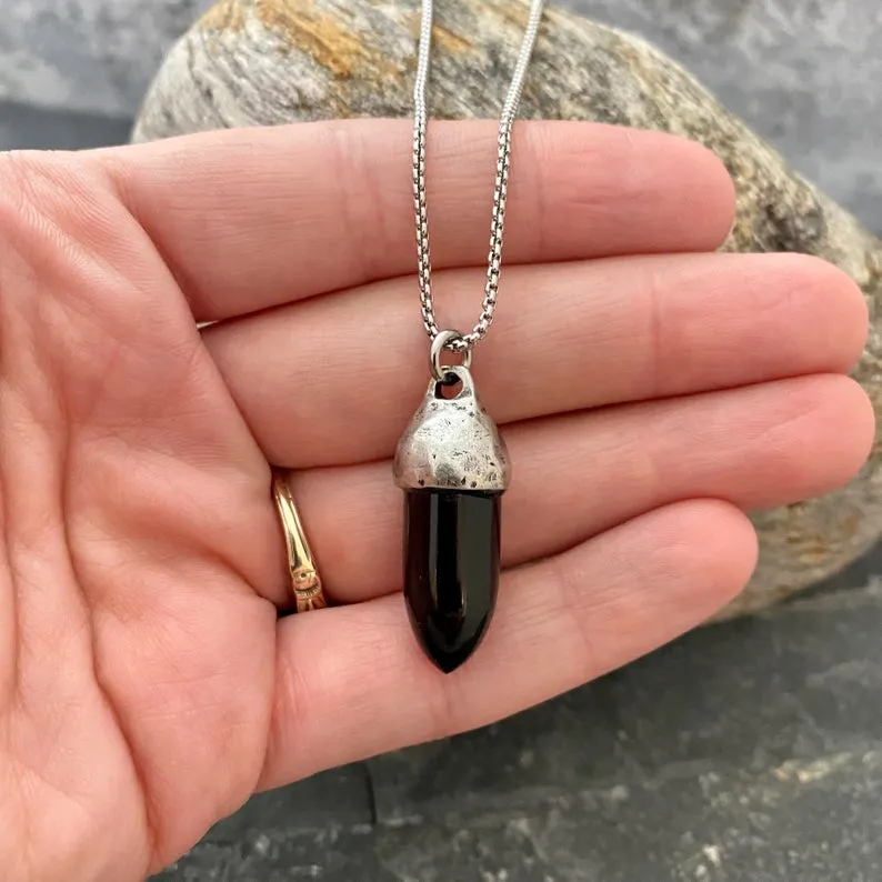 Men's Black Onyx Necklace, Unisex Gemstone, Stone Protection Pendant, Stainless Steel, Boyfriend Gift, GS-002 sold by Vintage Gentlemen product image thumbnail 2