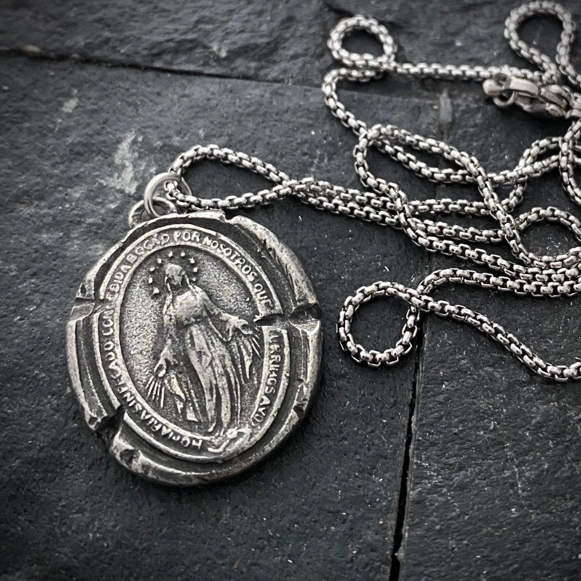 Men's Necklace with Mary Wax Seal Medal, Miraculous Medal, Unisex necklace, Catholic Jewelry, ST-026 sold by Vintage Gentlemen