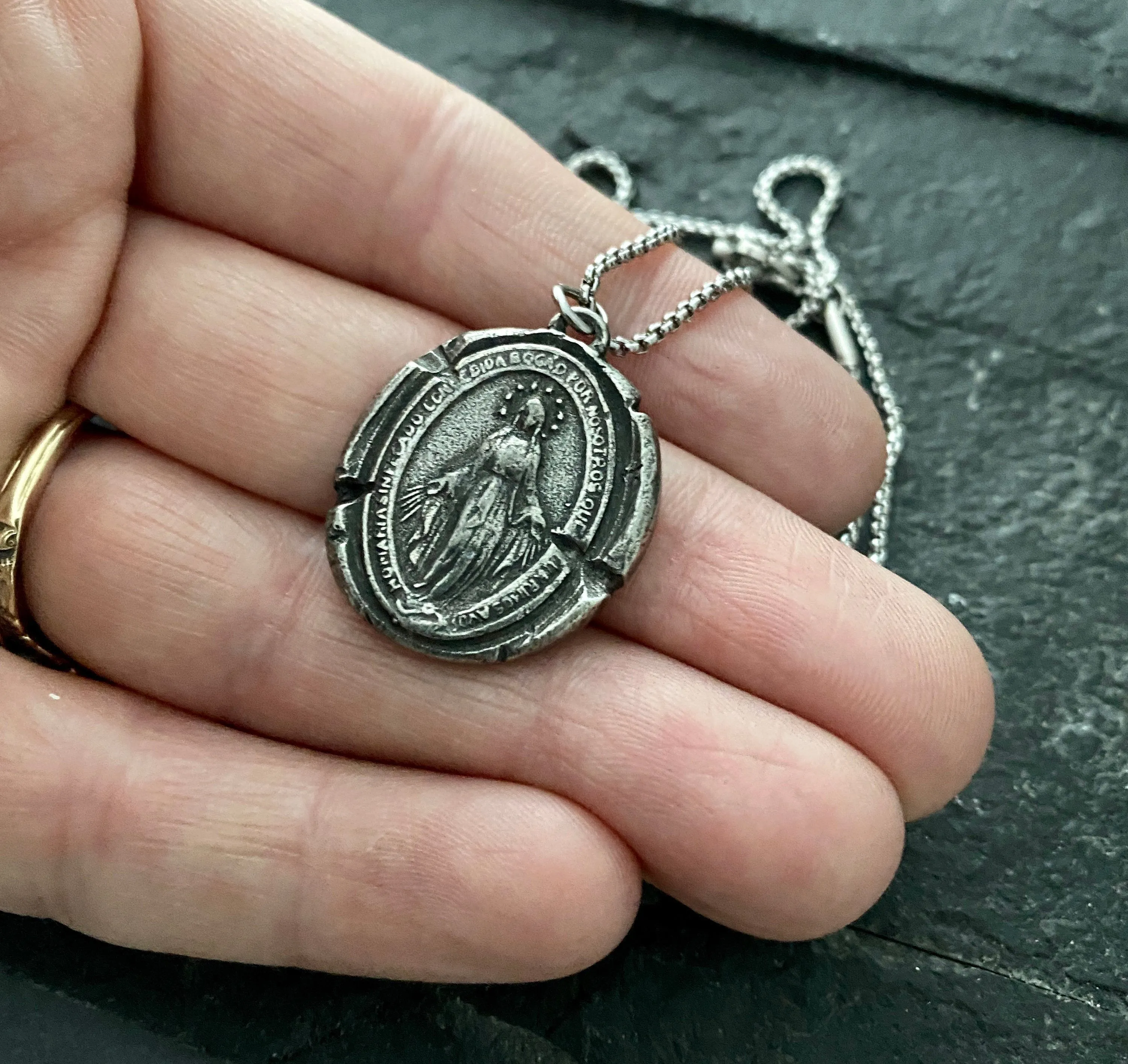Men's Necklace with Mary Wax Seal Medal, Miraculous Medal, Unisex necklace, Catholic Jewelry, ST-026 sold by Vintage Gentlemen product image thumbnail 2