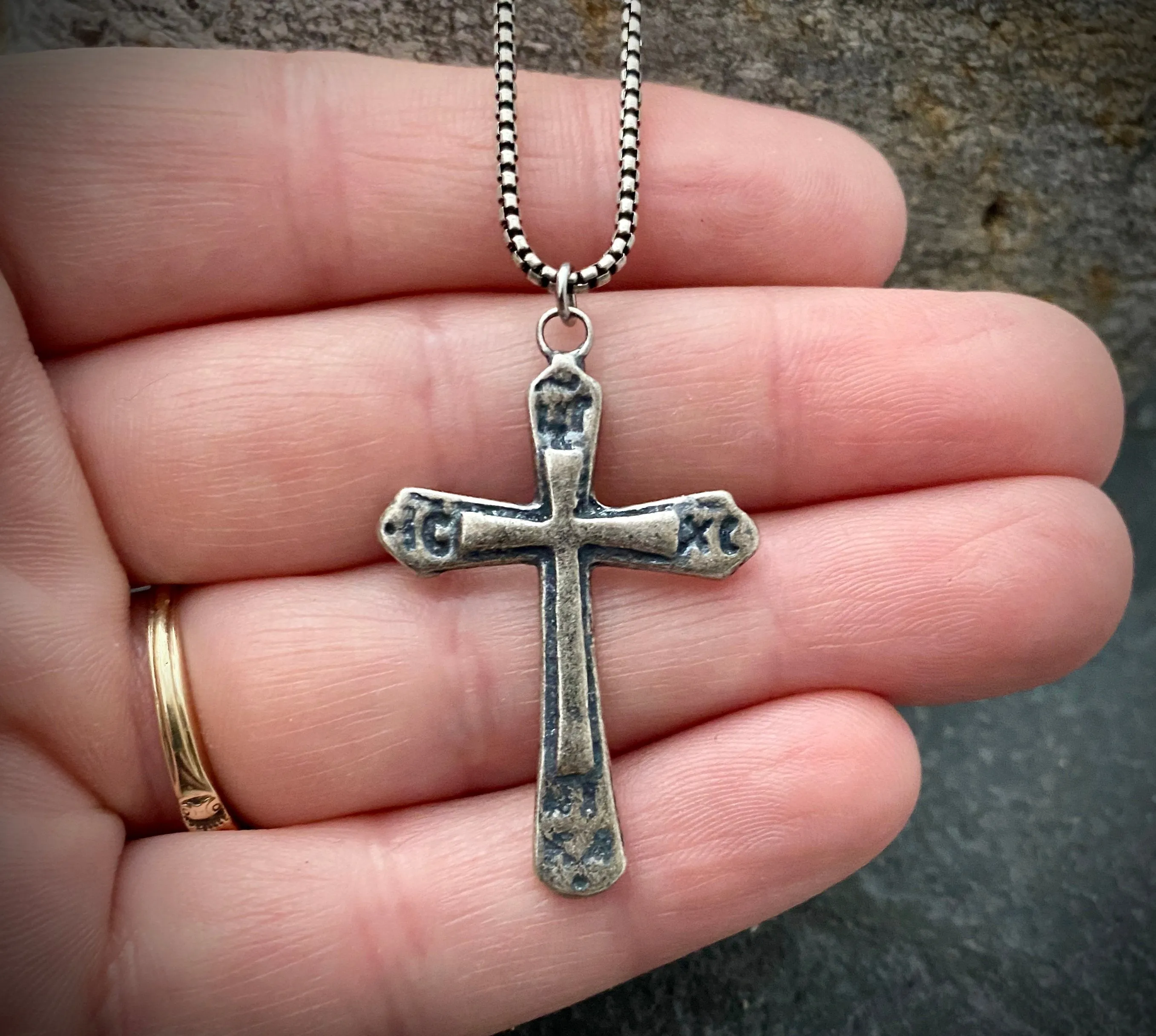 Ancient Cross, Sterling Silver Men's Unisex Necklace, Antiqued Medieval Cross Cast from Original, Men's Fashion, sold by Vintage Gentlemen product image thumbnail 2