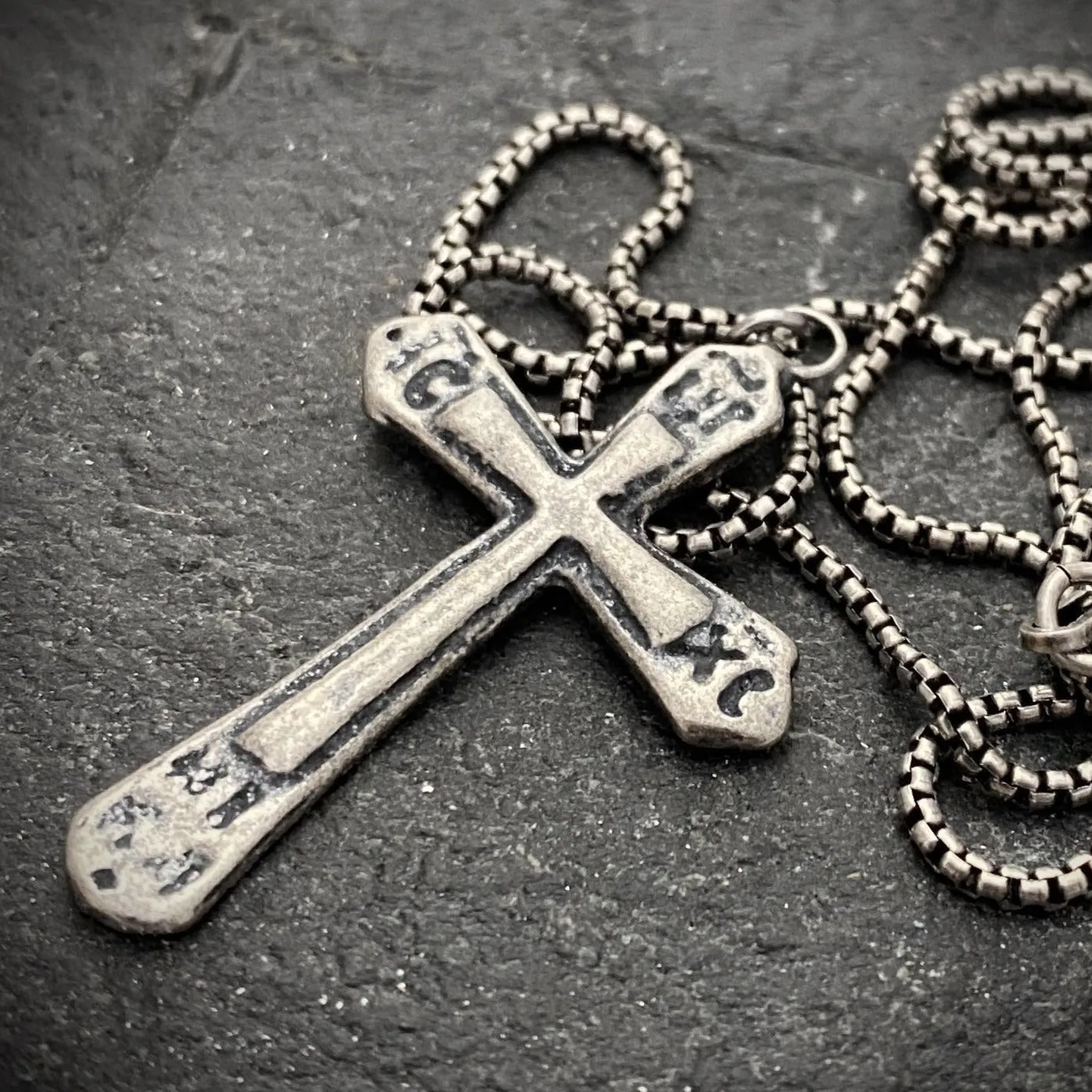 Ancient Cross, Sterling Silver Men's Unisex Necklace, Antiqued Medieval Cross Cast from Original, Men's Fashion, sold by Vintage Gentlemen