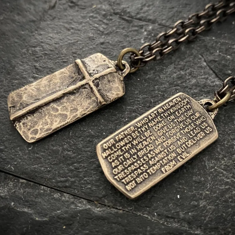 The Lord's Prayer Necklace, Men's Bronze Pendant with Cross and Brass Necklace, Unisex Jewelry Gift, Faith, BR-050 sold by Vintage Gentlemen