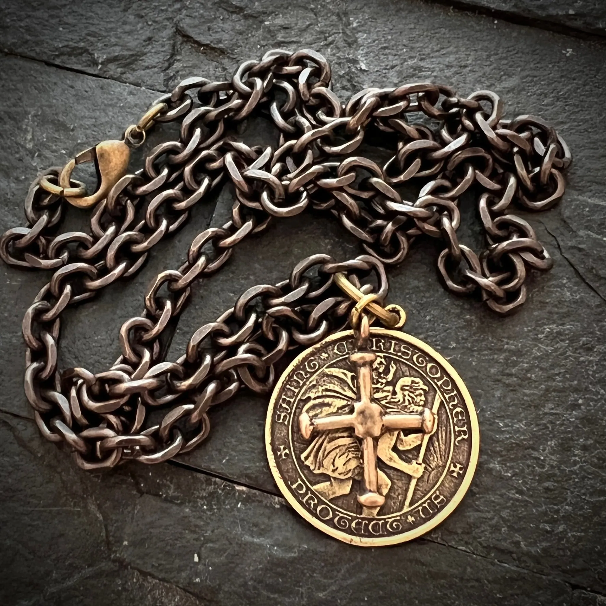 St. Christopher and Cross Antiqued Brass Men's Necklace, Johnny LTD Vintage Catholic Medal and Ancient Cross, Unisex Necklace, BR-025-20 sold by Vintage Gentlemen
