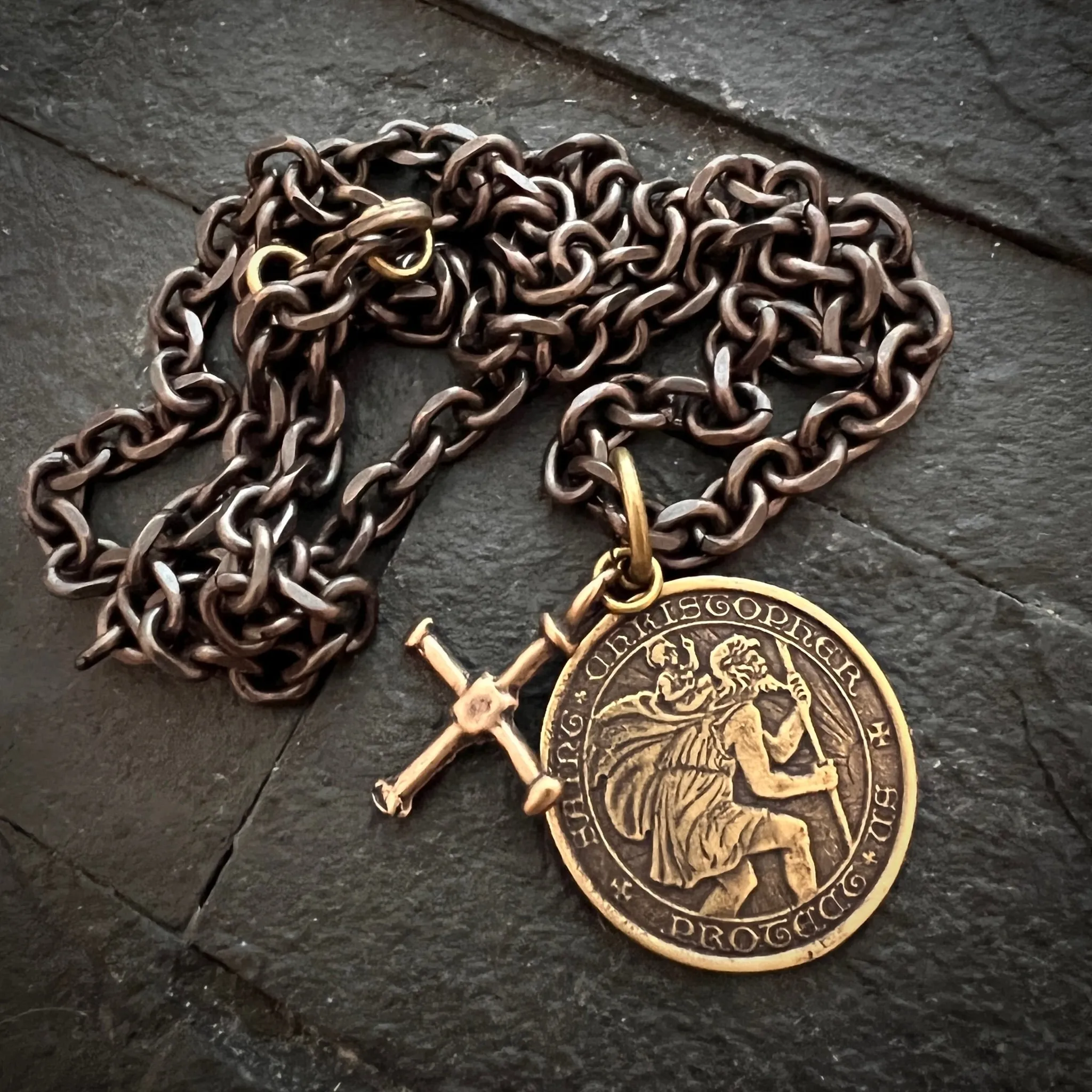 St. Christopher and Cross Antiqued Brass Men's Necklace, Johnny LTD Vintage Catholic Medal and Ancient Cross, Unisex Necklace, BR-025-20 sold by Vintage Gentlemen product image thumbnail 2