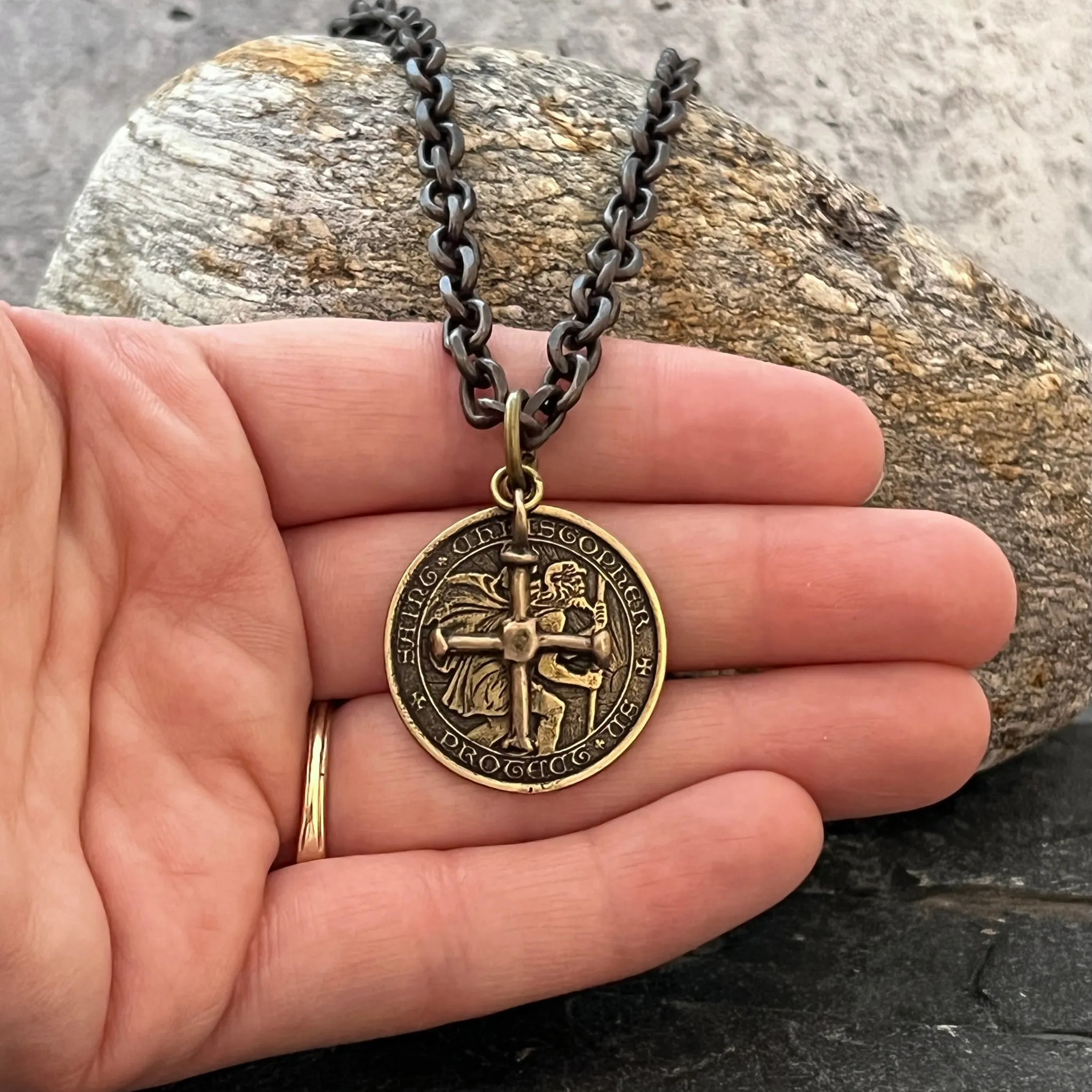 St. Christopher and Cross Antiqued Brass Men's Necklace, Johnny LTD Vintage Catholic Medal and Ancient Cross, Unisex Necklace, BR-025-20 sold by Vintage Gentlemen product image thumbnail 3