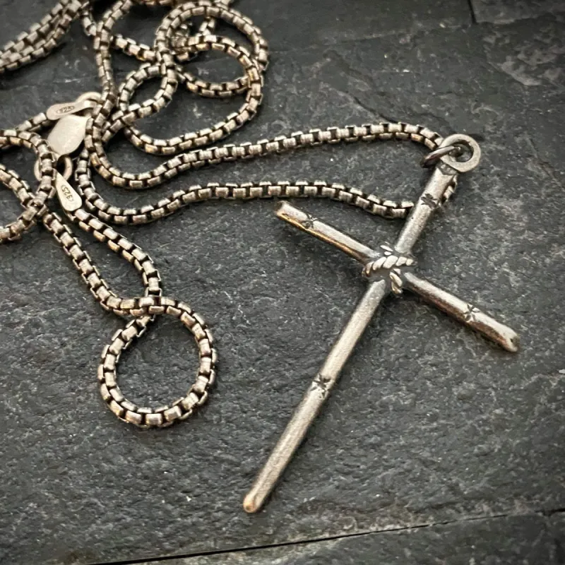 Men's Sterling Silver Simple Stick Cross Necklace, Johnny LTD Original Piece, Rope Cross, Sterling Chain Necklace, SS-011 sold by Vintage Gentlemen