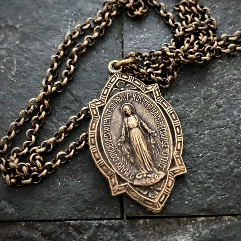 Men's Miraculous Medal featuring a depiction of the Blessed Mother Mary, Brass Necklace Chain, 20 or 24 Inch Chain, BR-015 sold by Vintage Gentlemen