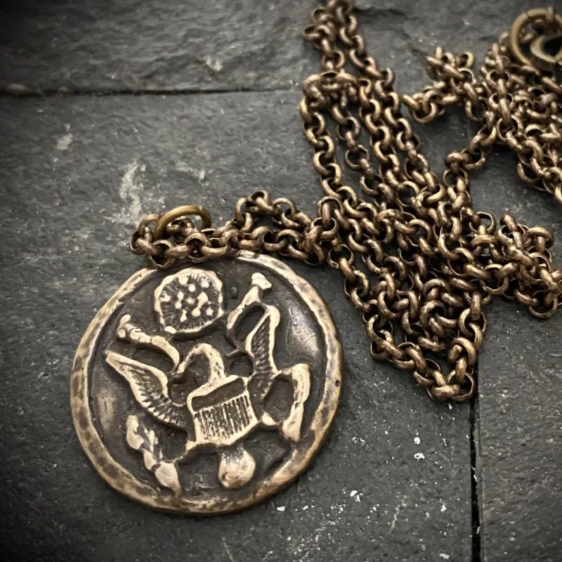 Men's Eagle Necklace, Brass and Bronze Jewelry cast from Antique Military Button, Great American Seal, 20 or 24 Inch Rolo Chain, BR-044 sold by Vintage Gentlemen