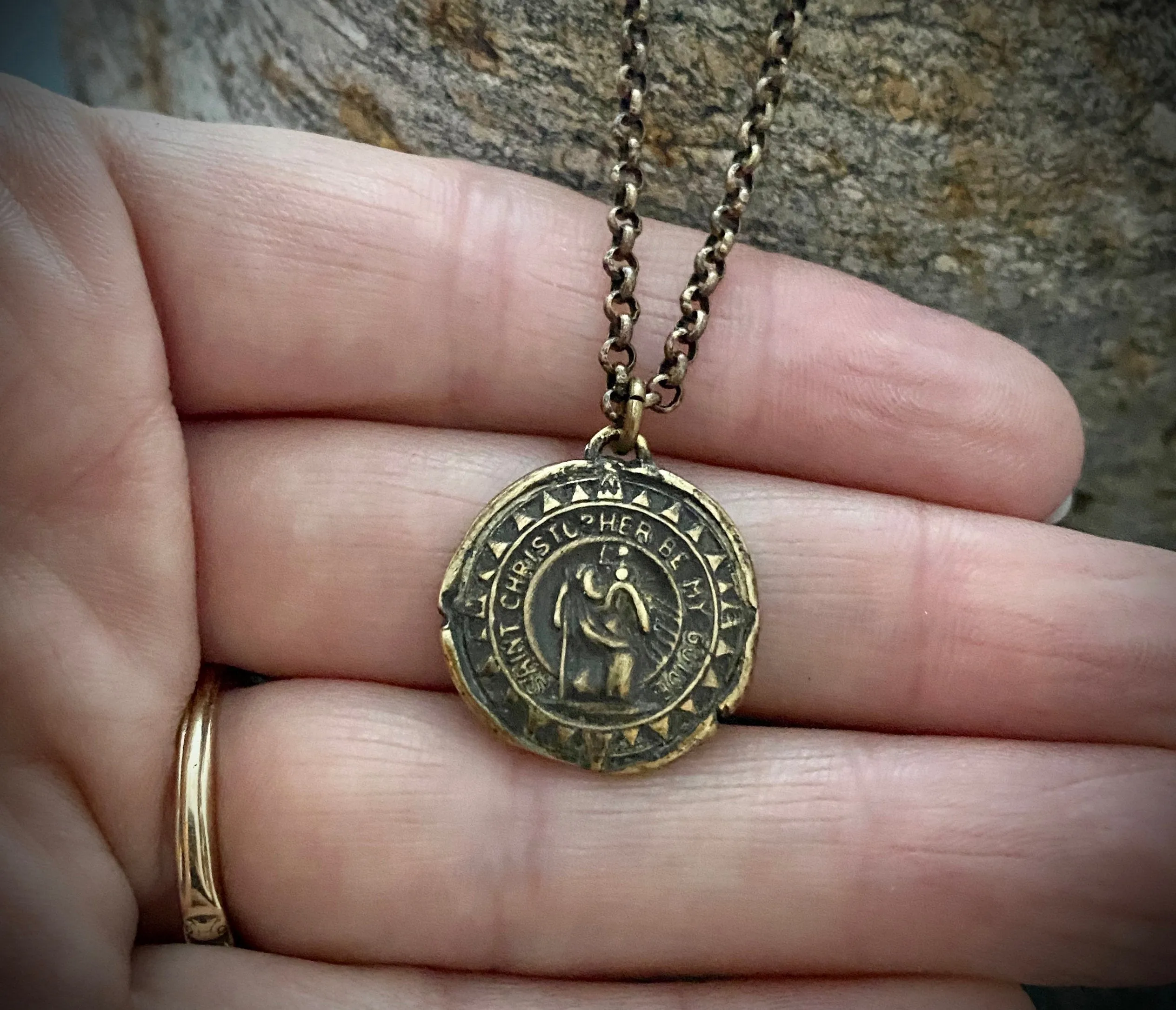 Men's Antiqued Brass Bronze Necklace with St. Christopher Medal, Unisex Necklace, Chain length 20 or 24 inches BR-035 sold by Vintage Gentlemen product image thumbnail 2