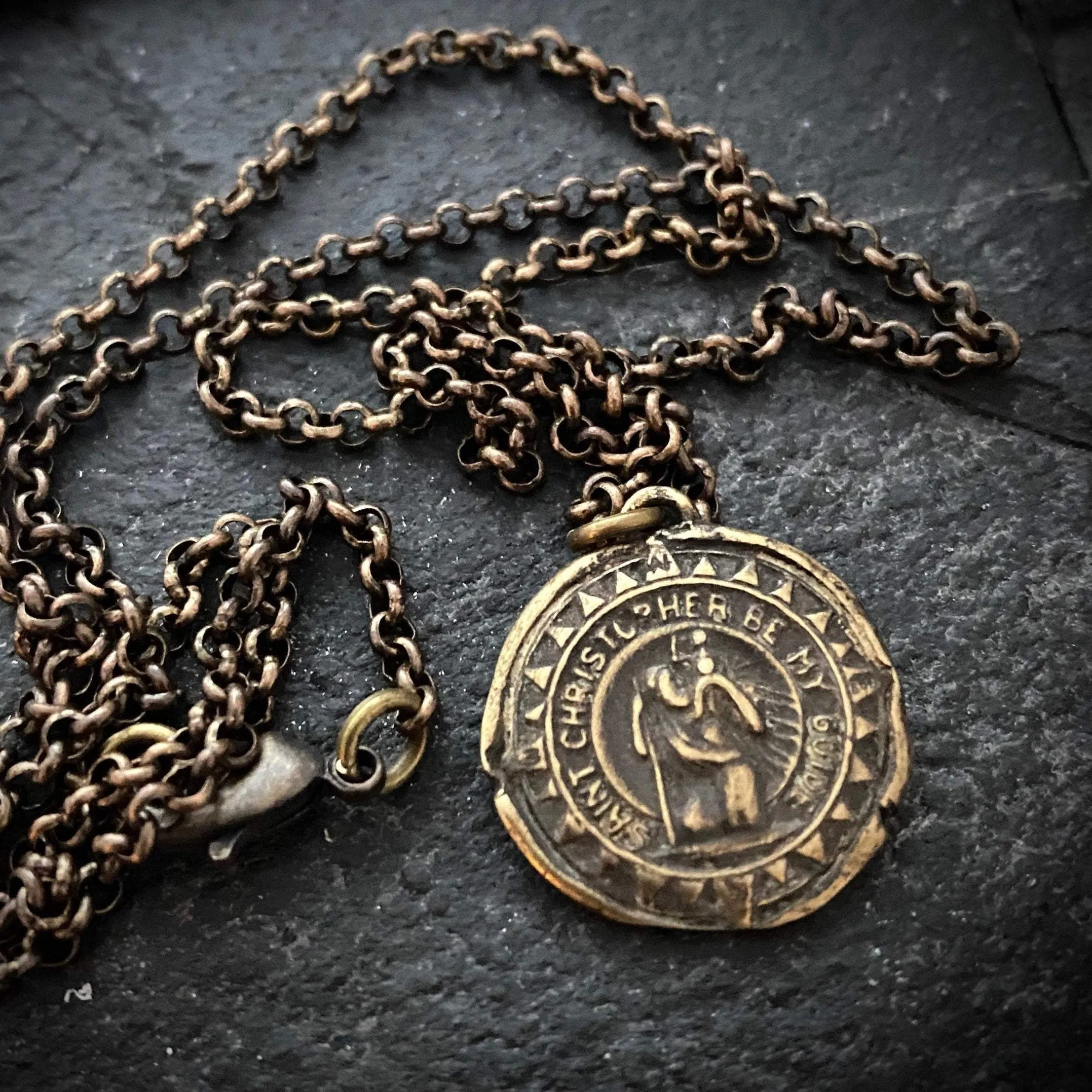 Men's Antiqued Brass Bronze Necklace with St. Christopher Medal, Unisex Necklace, Chain length 20 or 24 inches BR-035 sold by Vintage Gentlemen