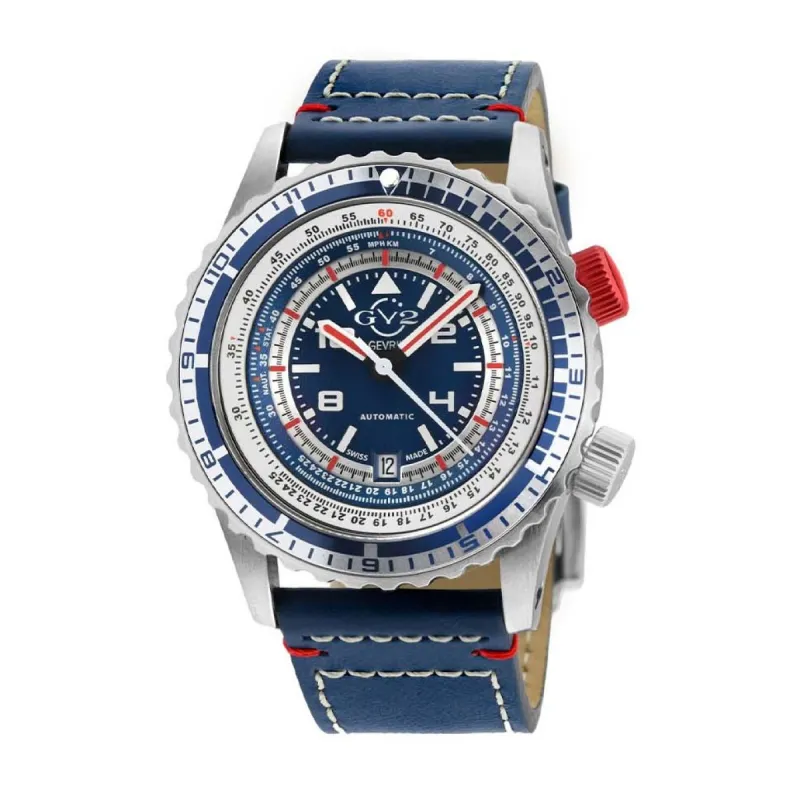 Gevril GV2 Contasecondi Men's Blue/Red Dial Blue Calfskin Leather Watch 3507 Heren Horloge sold by Watch2Day