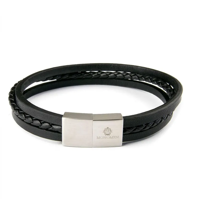 Monomen Men's Black Leather Triple Strap Silver Clasp Bracelet MM10792 sold by Watch2Day