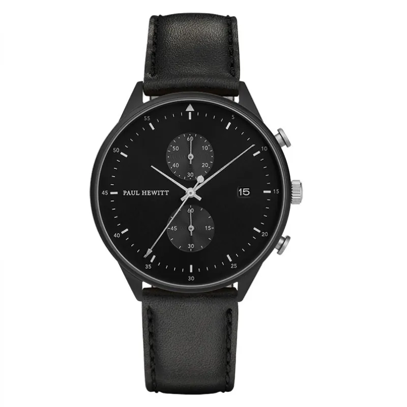 Paul Hewitt PH Watch Chrono Line Black IP Black/SS Leather Black 42mm PH-C-B-BSS-2M sold by Watch2Day