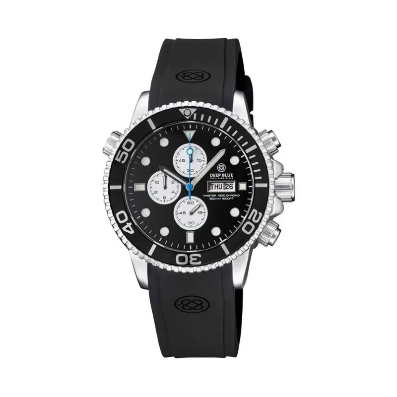 Deep Blue Master 1000 M1KCHRBLKSILSTRP |  Chronograph quartz diver Black sold by Watch2Day