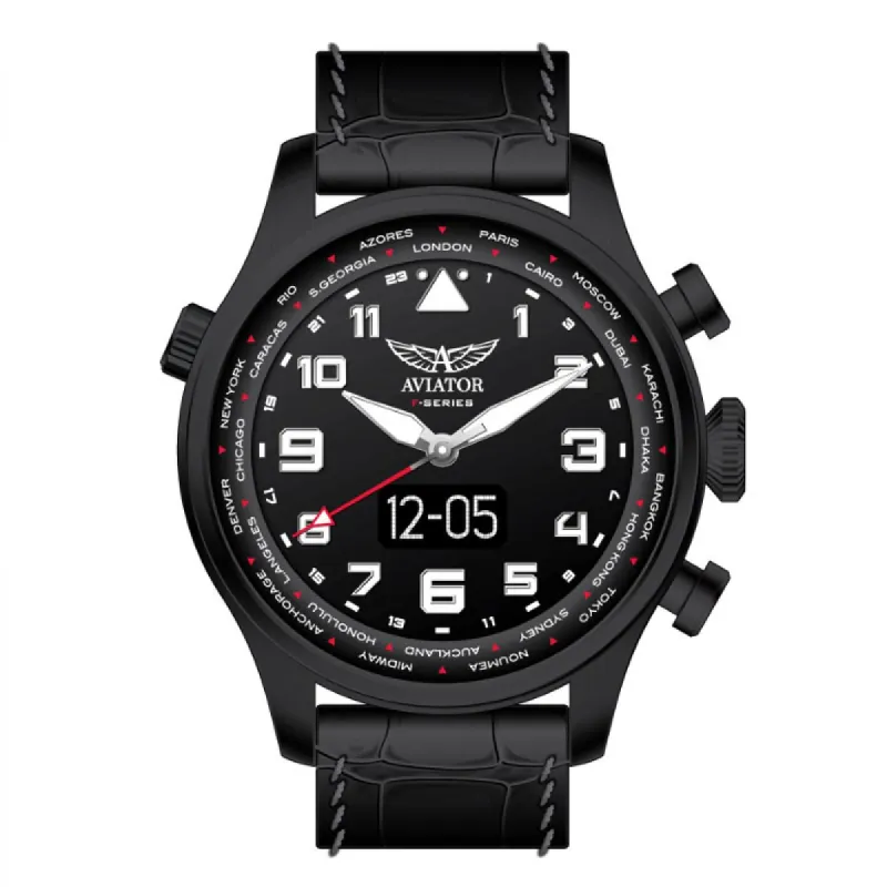 Aviator F-Series Smartwatch 46mm Zwart Staal Leer | AVW79656G421 made by Watch2Day